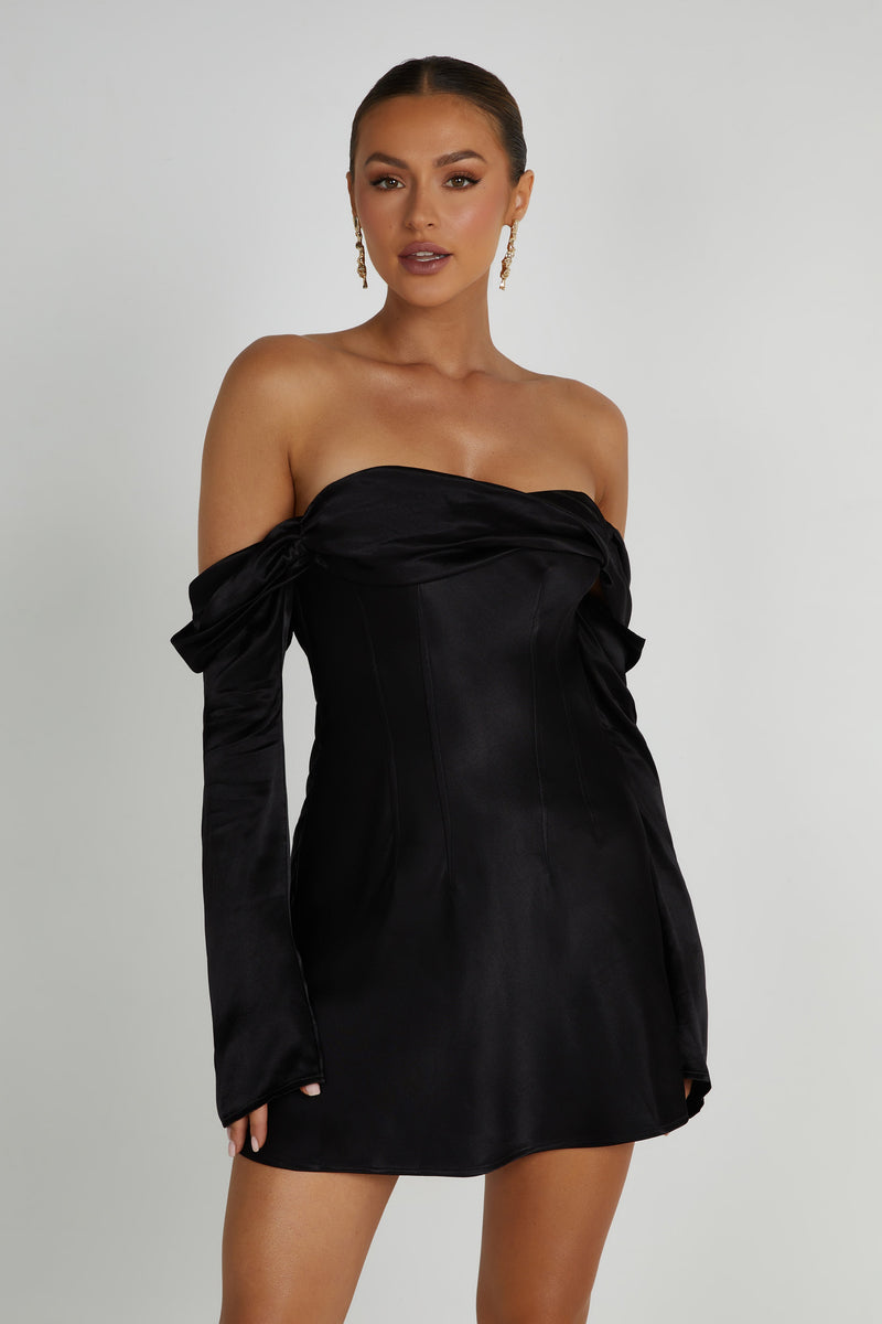 Giselle Off Shoulder Satin Mini Dress - Black - MESHKI UK