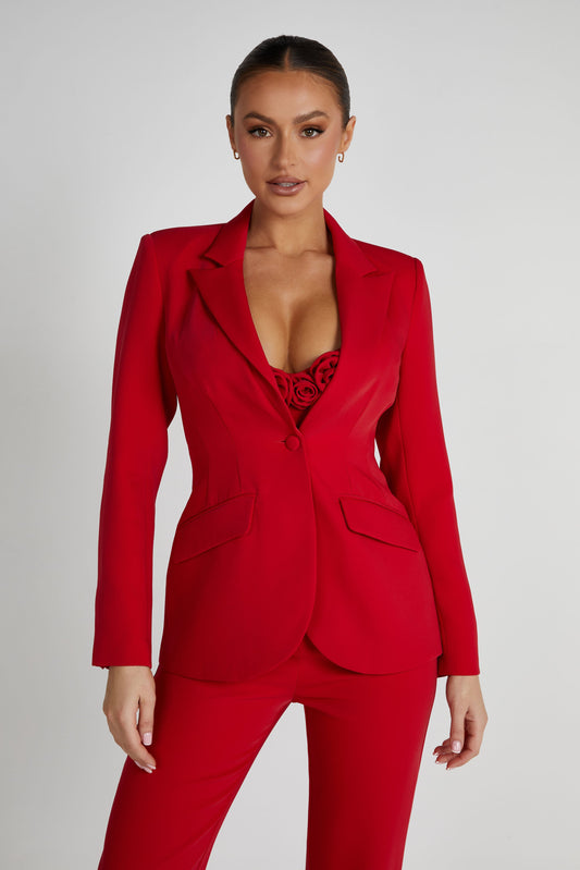 Helda Fitted Cinched Waist Blazer - Red