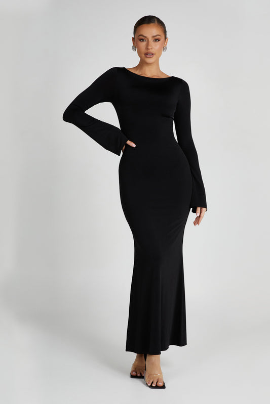 Tarna Slinky Fishtail Maxi Dress - Black