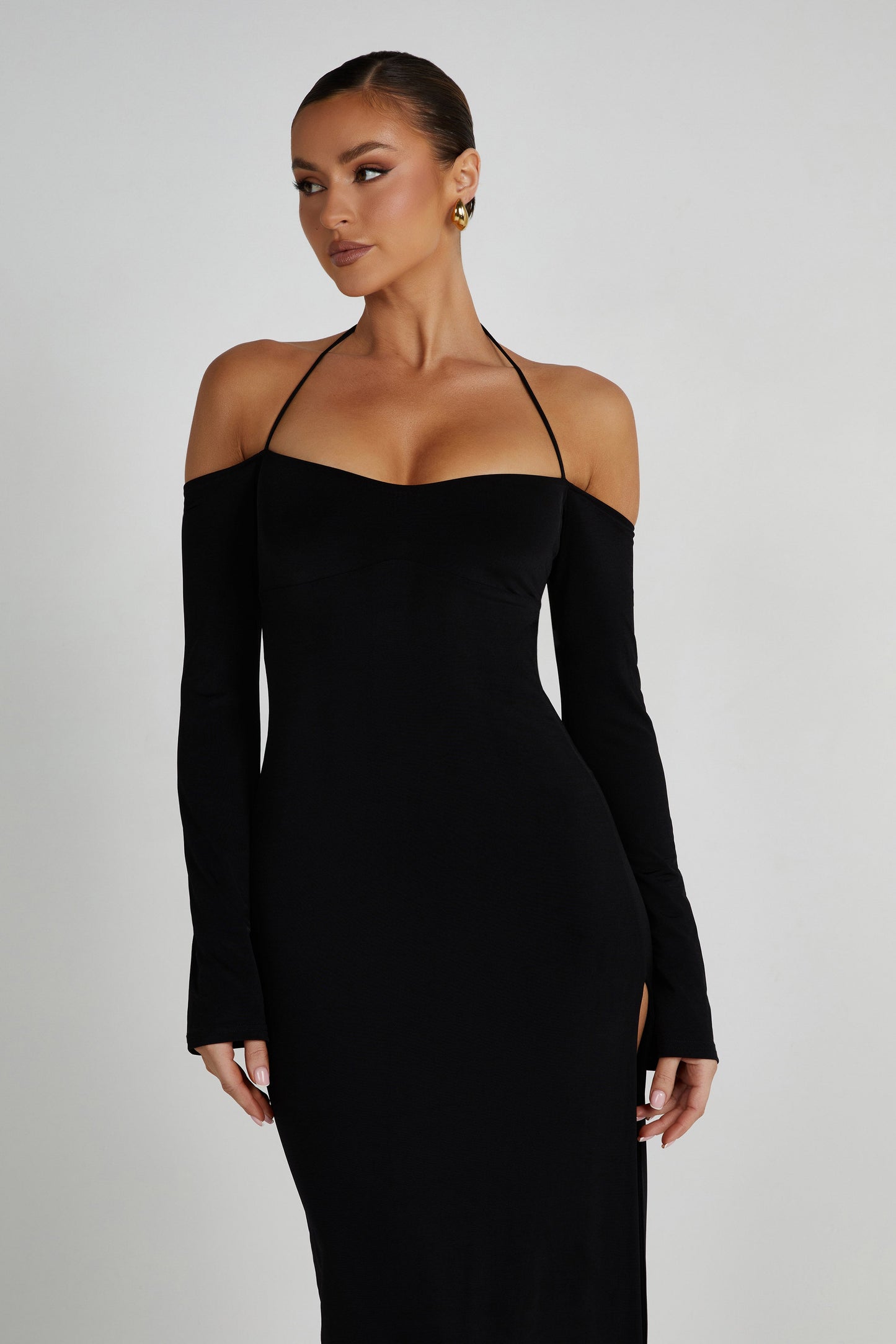 Tia Slinky Off Shoulder Maxi Dress - Black