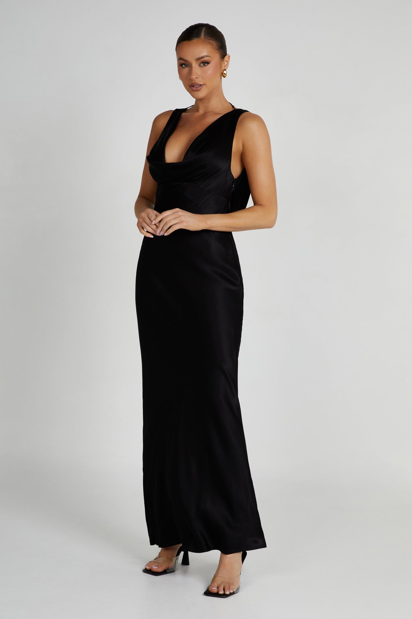 Angelique Satin Cowl Back Maxi Dress - Black