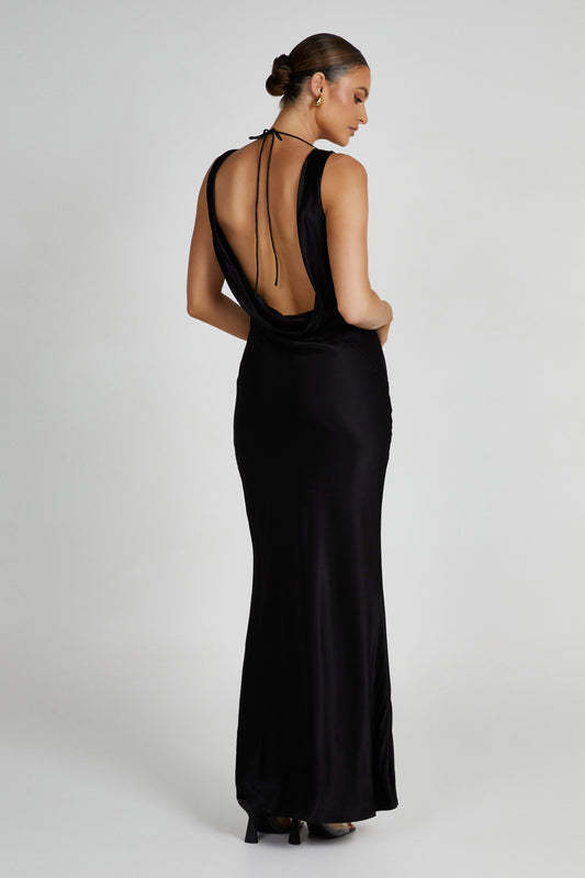 Angelique Satin Cowl Back Maxi Dress - Black