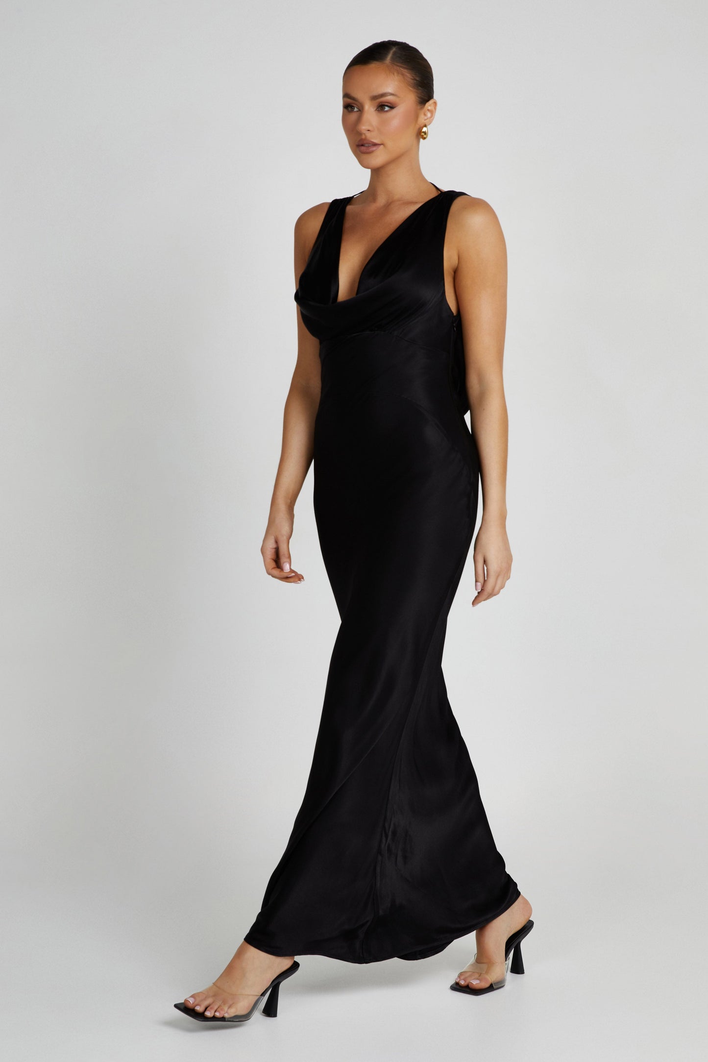 Angelique Satin Cowl Back Maxi Dress - Black