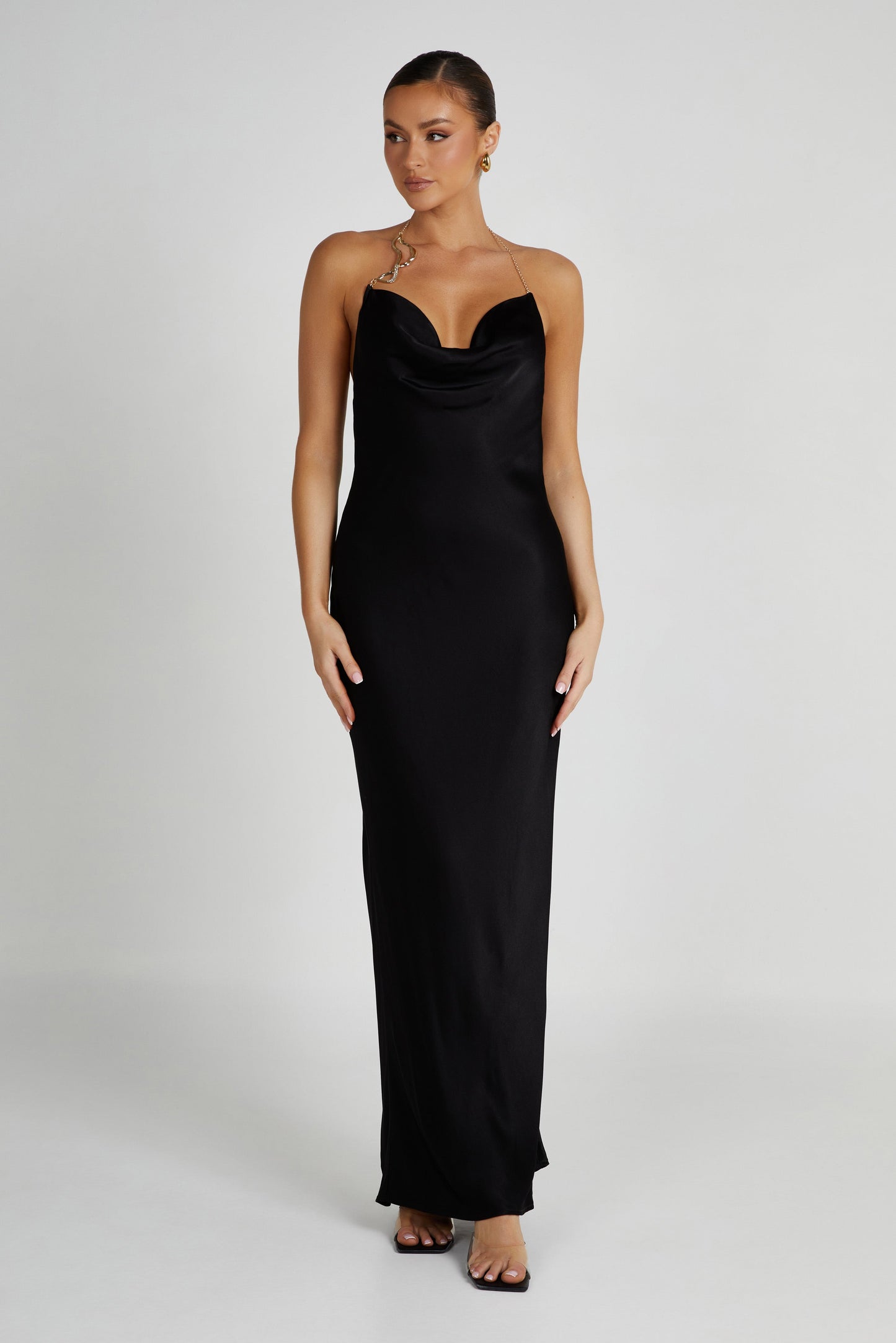 Melissa Satin Cowl Front Maxi Dress - Black