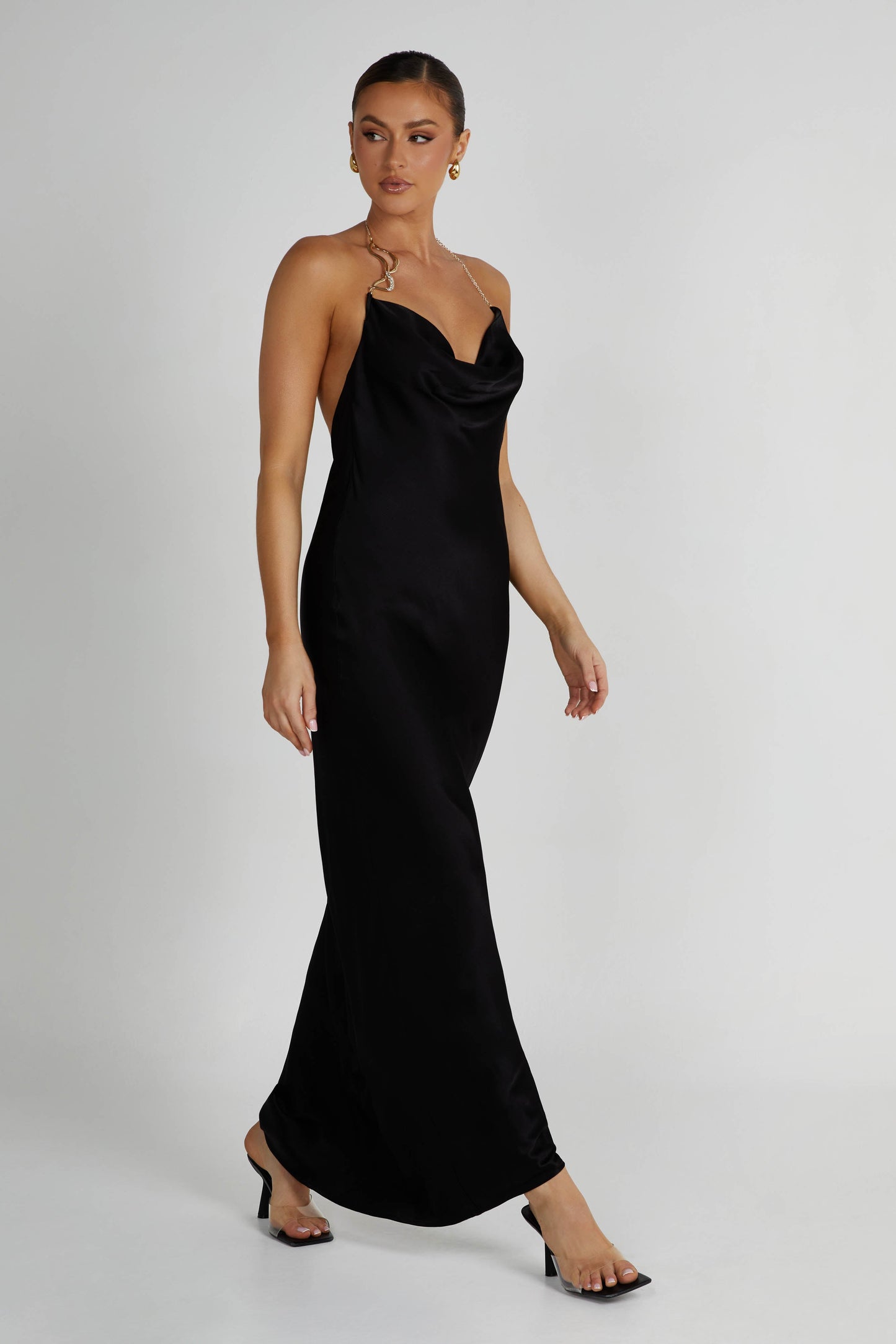 Melissa Satin Cowl Front Maxi Dress - Black