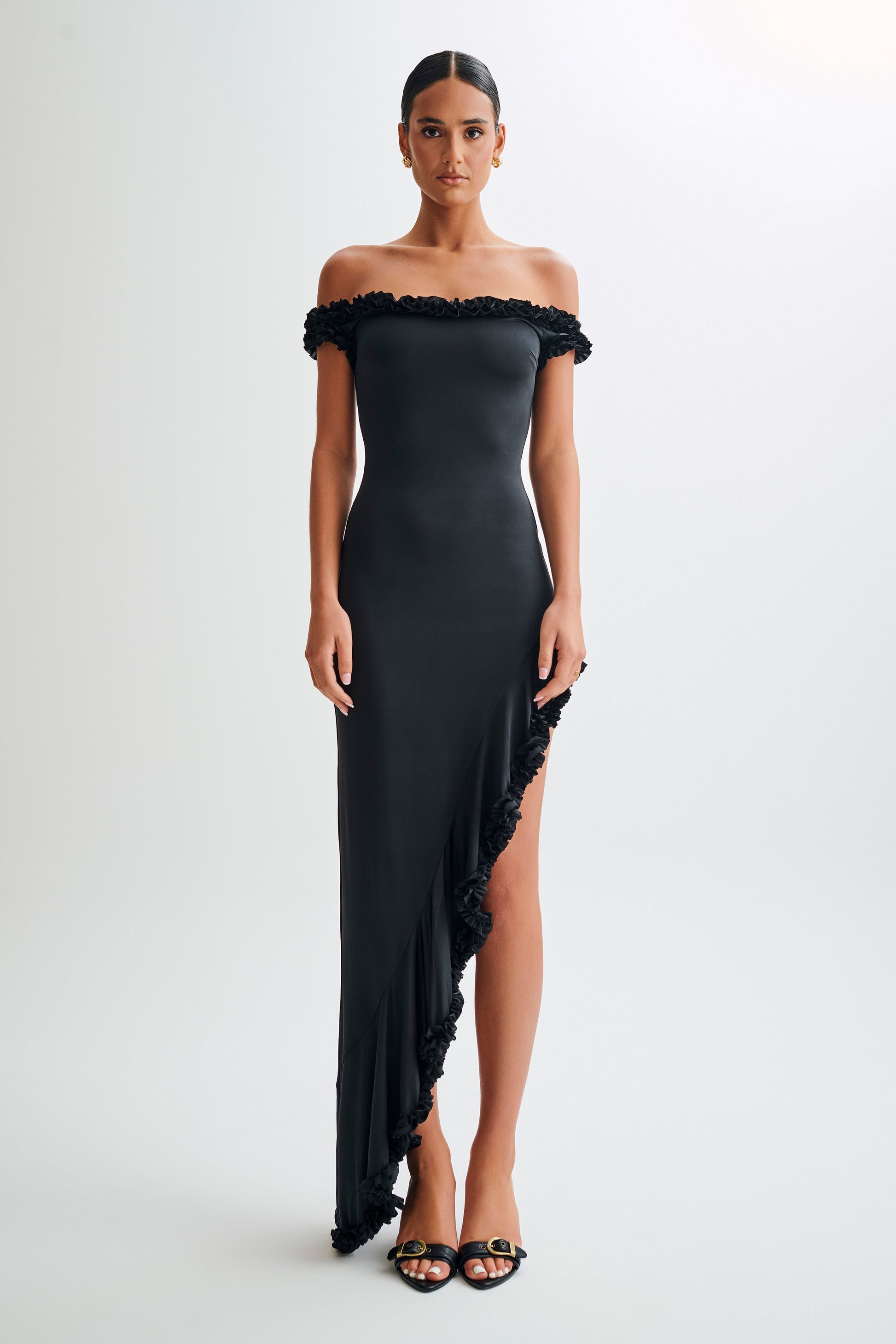 Arielle Off Shoulder Ruffle Midi Dress - Black #2