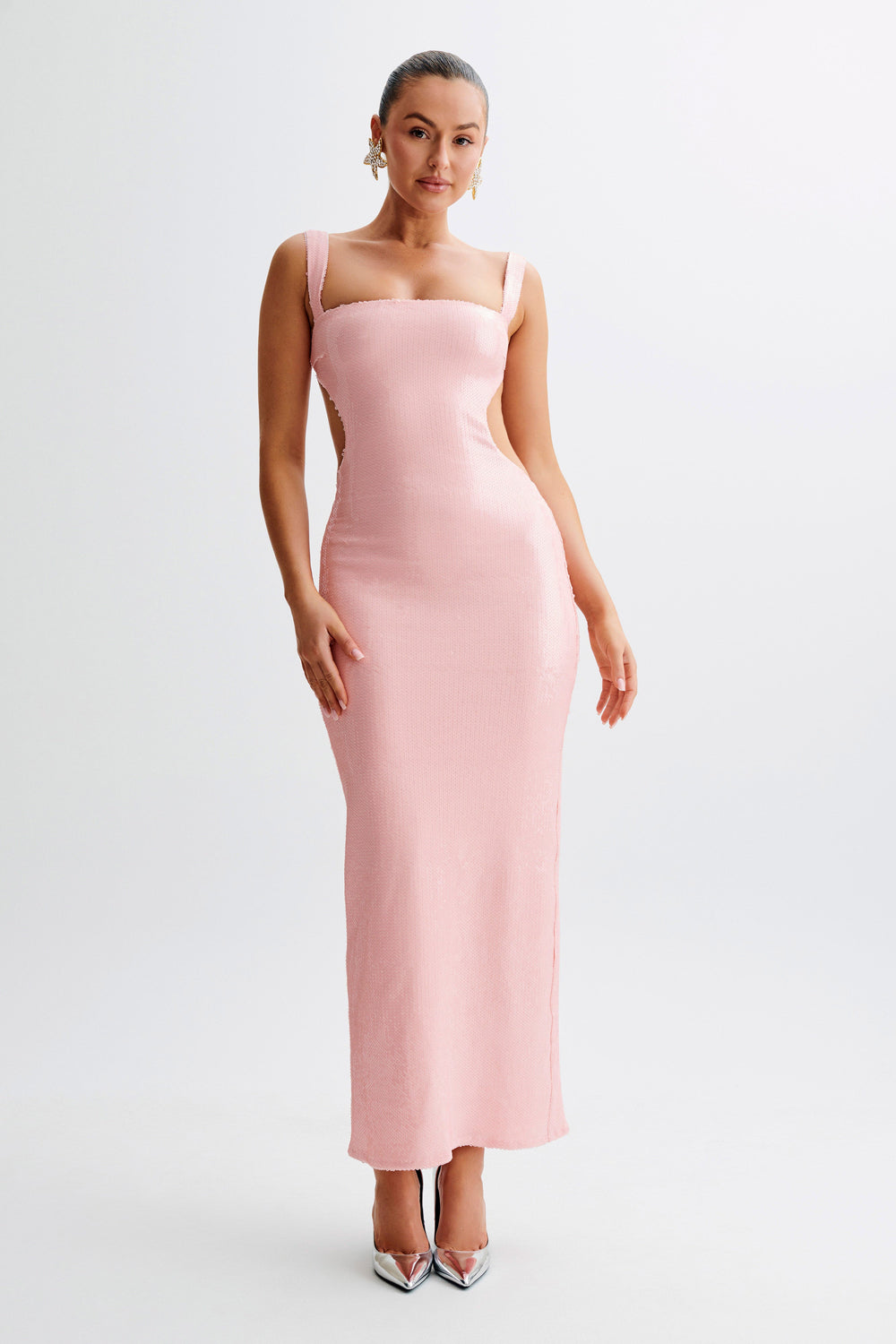 Adoria Sequin Cut Out Maxi Dress - Pale Pink