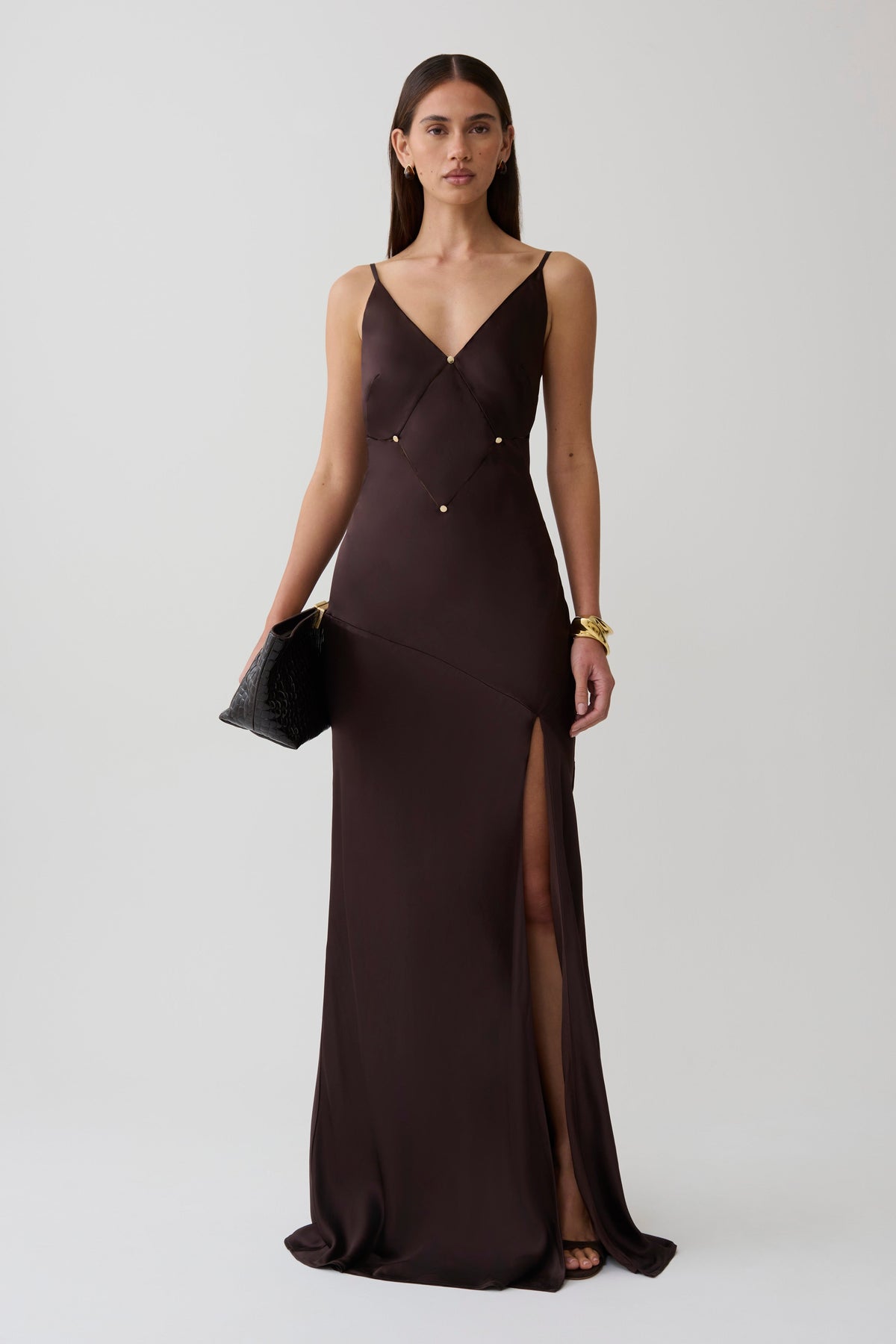 Maddison V Neck Satin Maxi Dress - Dark Chocolate #5