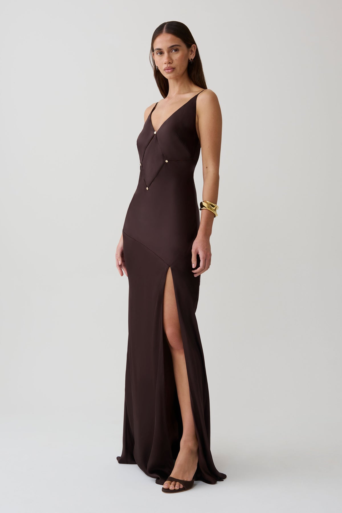 Maddison V Neck Satin Maxi Dress - Dark Chocolate #4