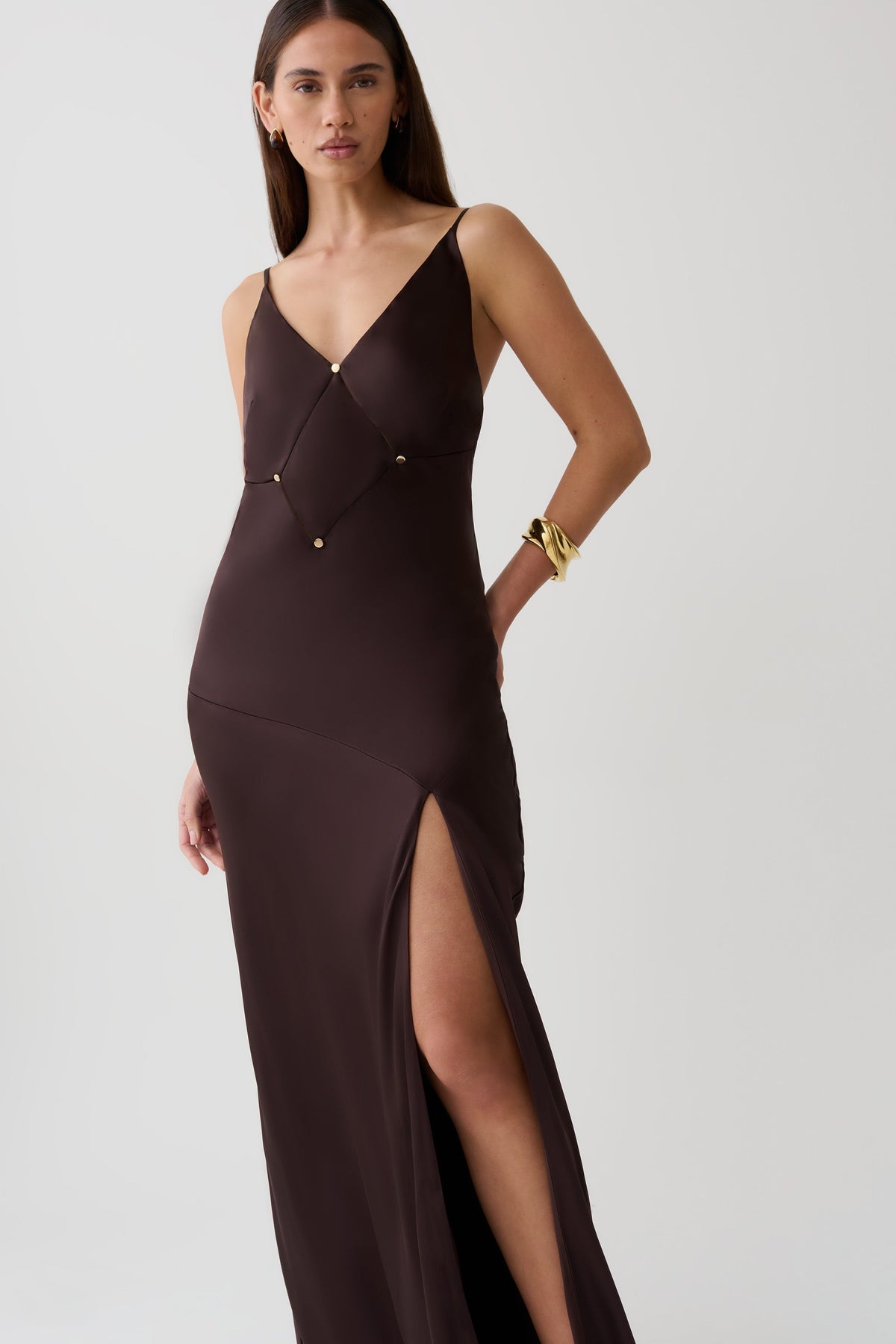 Maddison V Neck Satin Maxi Dress - Dark Chocolate #3