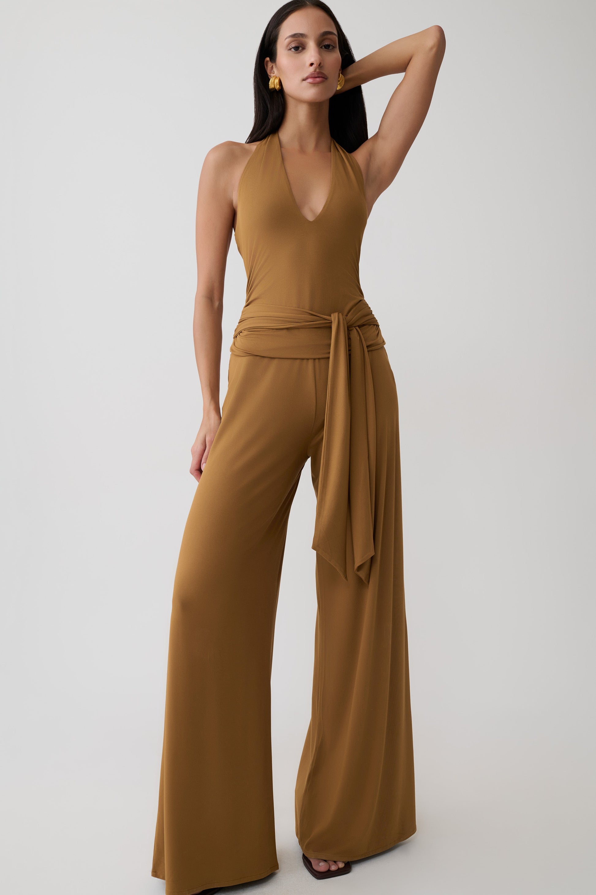 Krysh Wide Leg Peached Jersey Pants - Caramel #3