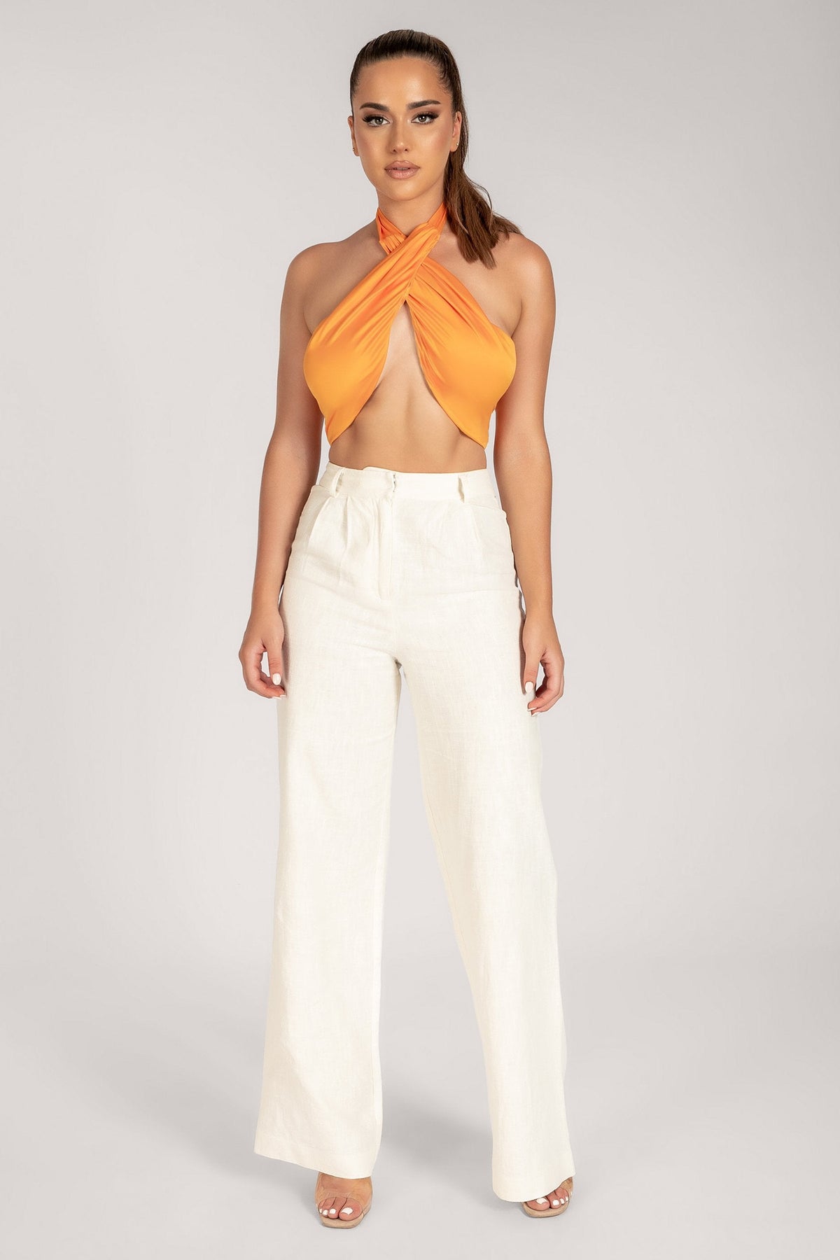 Ines Wrap Halter Neck Crop Top - Tangerine