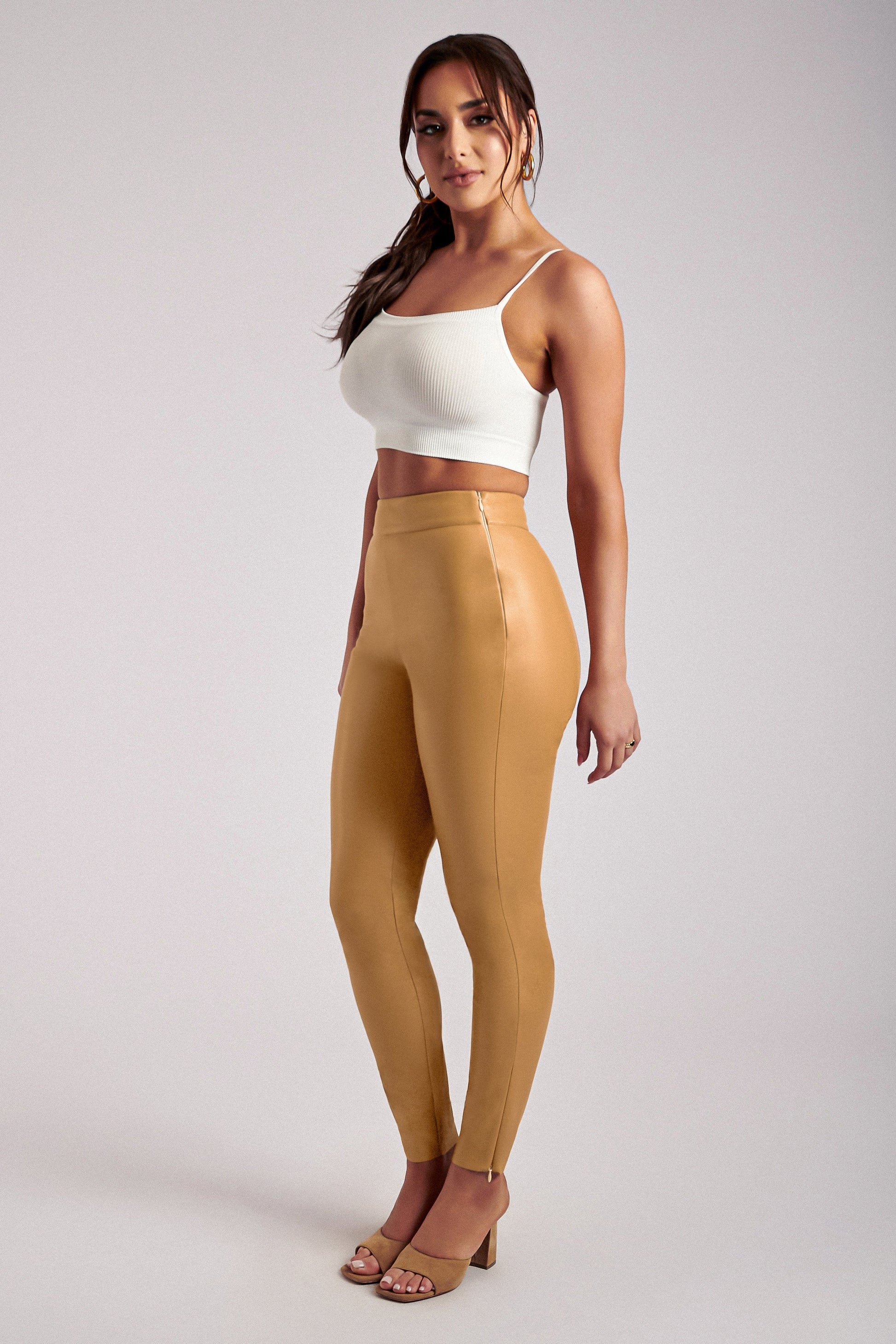 Shayla Skinny Faux Leather Split Pant - Tan #6