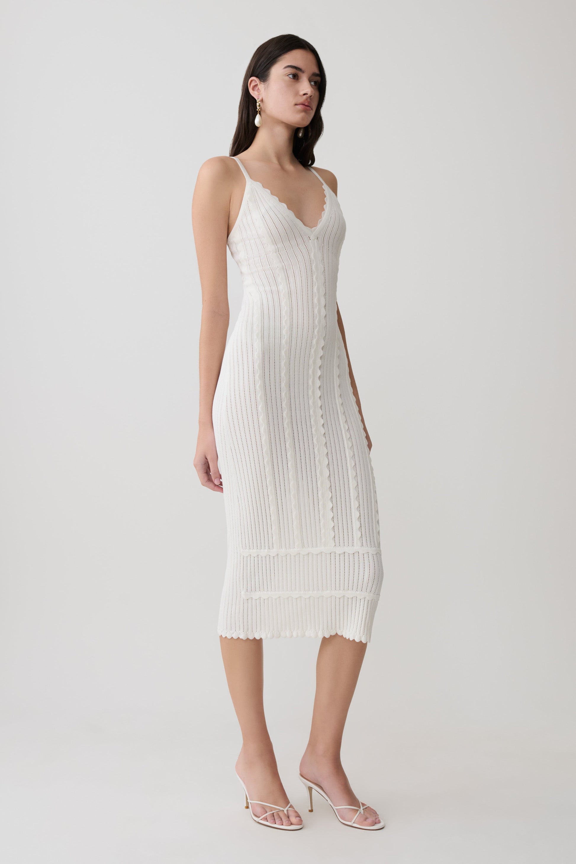 Cooper Scalloped Neckline Pointelle Midi Dress - White #3