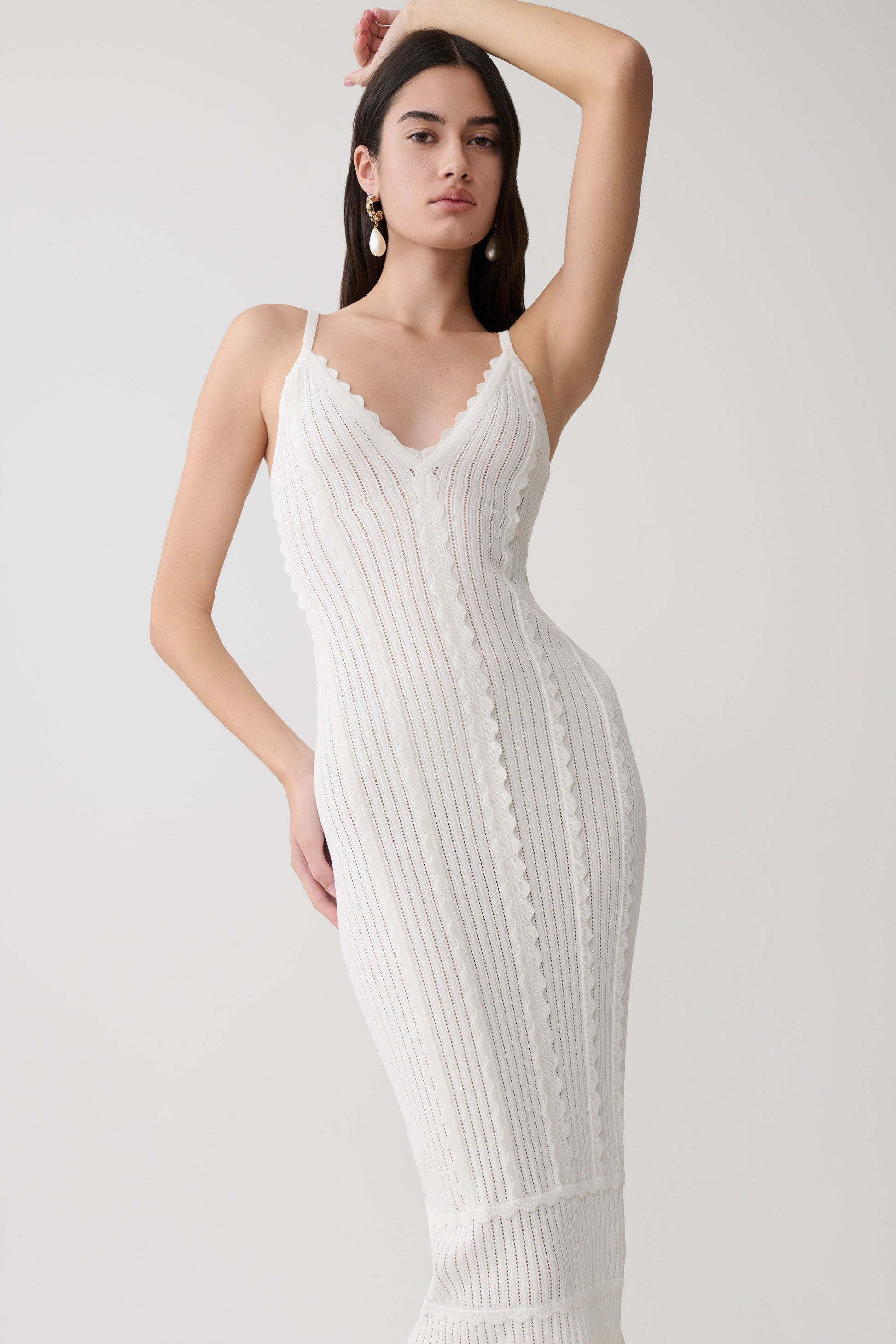 Cooper Scalloped Neckline Pointelle Midi Dress - White #5