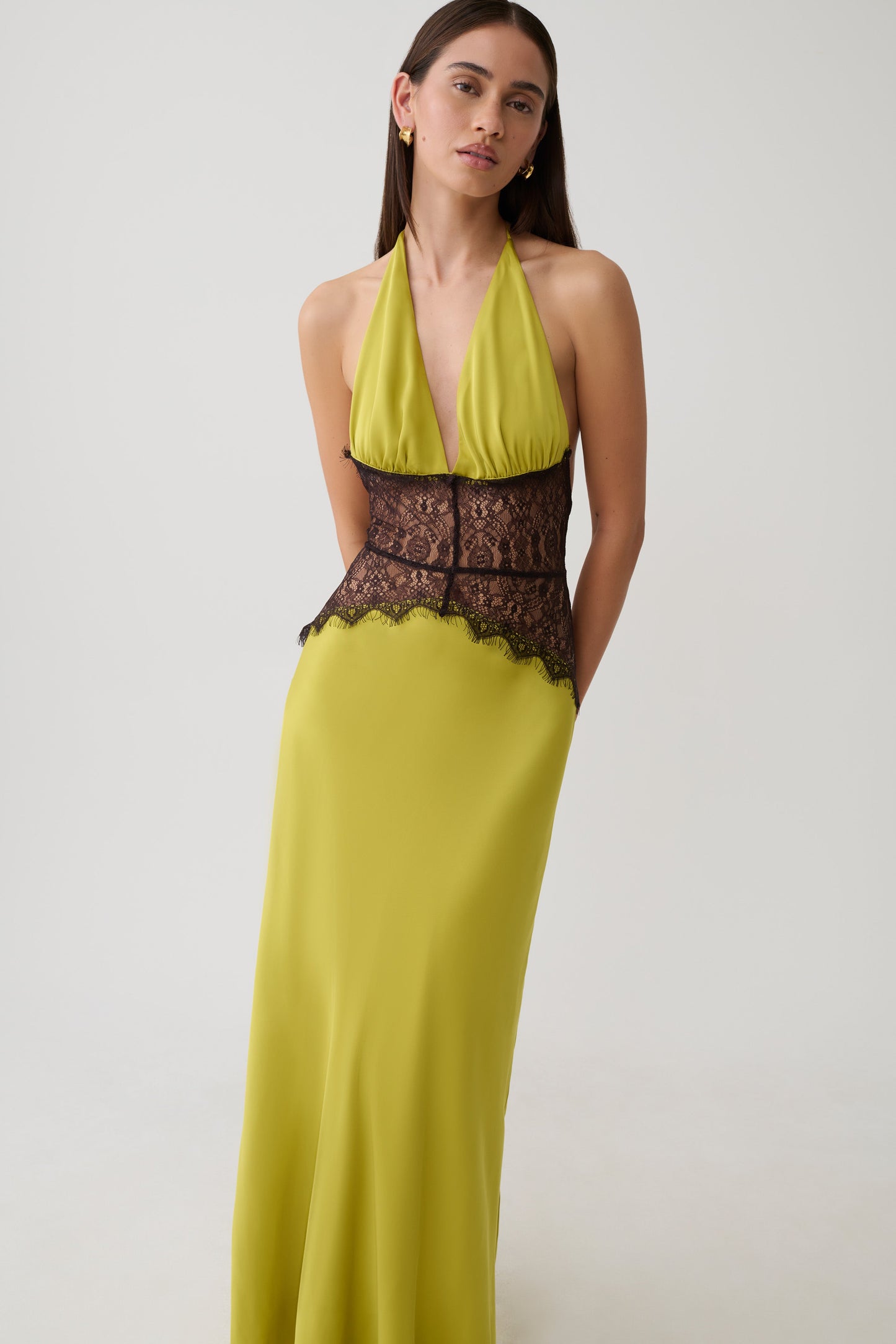 Dinah Lace And Satin Maxi Dress - Chartreuse