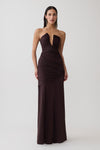 Woman wearing brown gathered centre wire maxi dress.