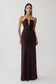 Woman wearing brown gathered centre wire maxi dress.