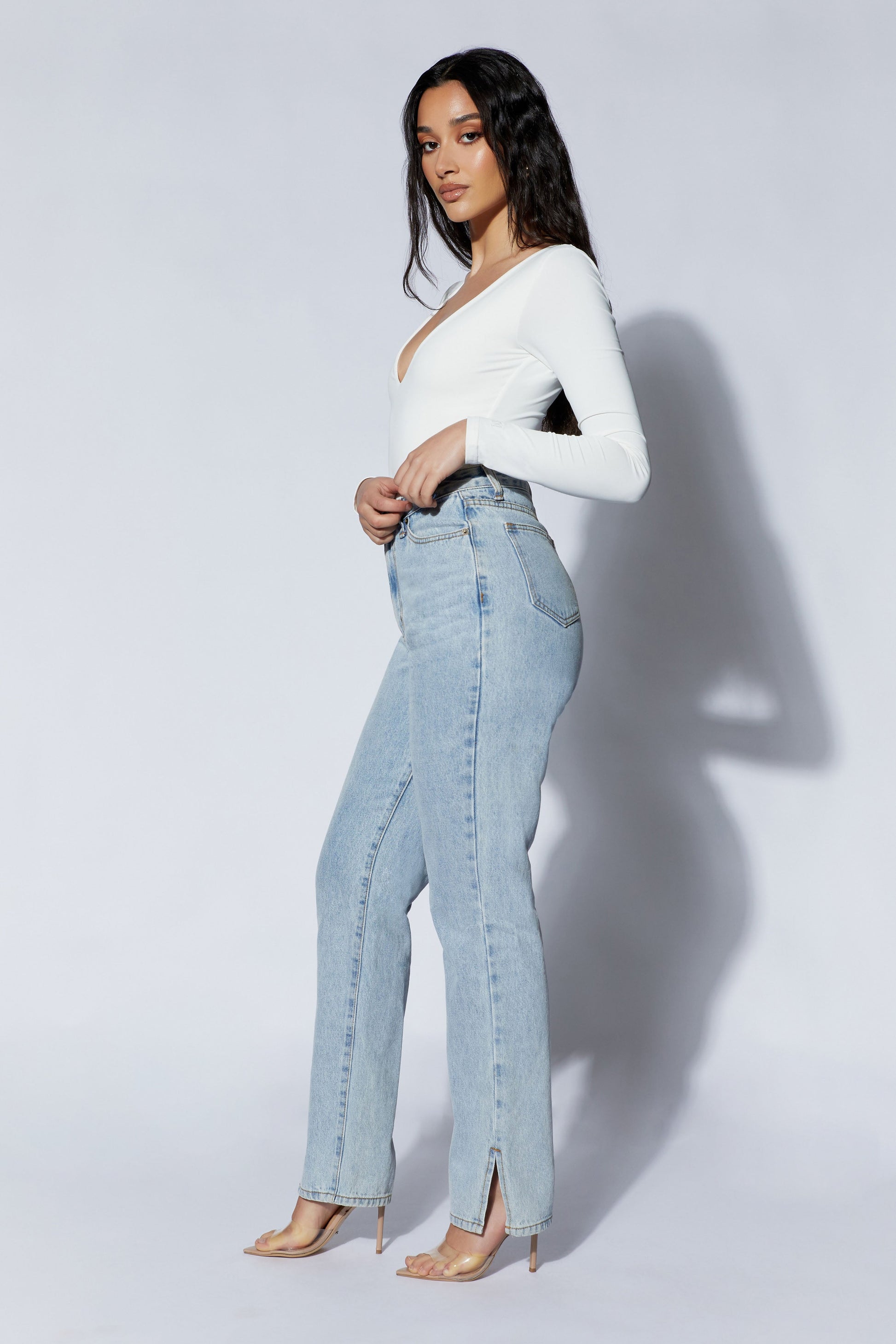 Nia Long Sleeve V Neck Bodysuit - White #4