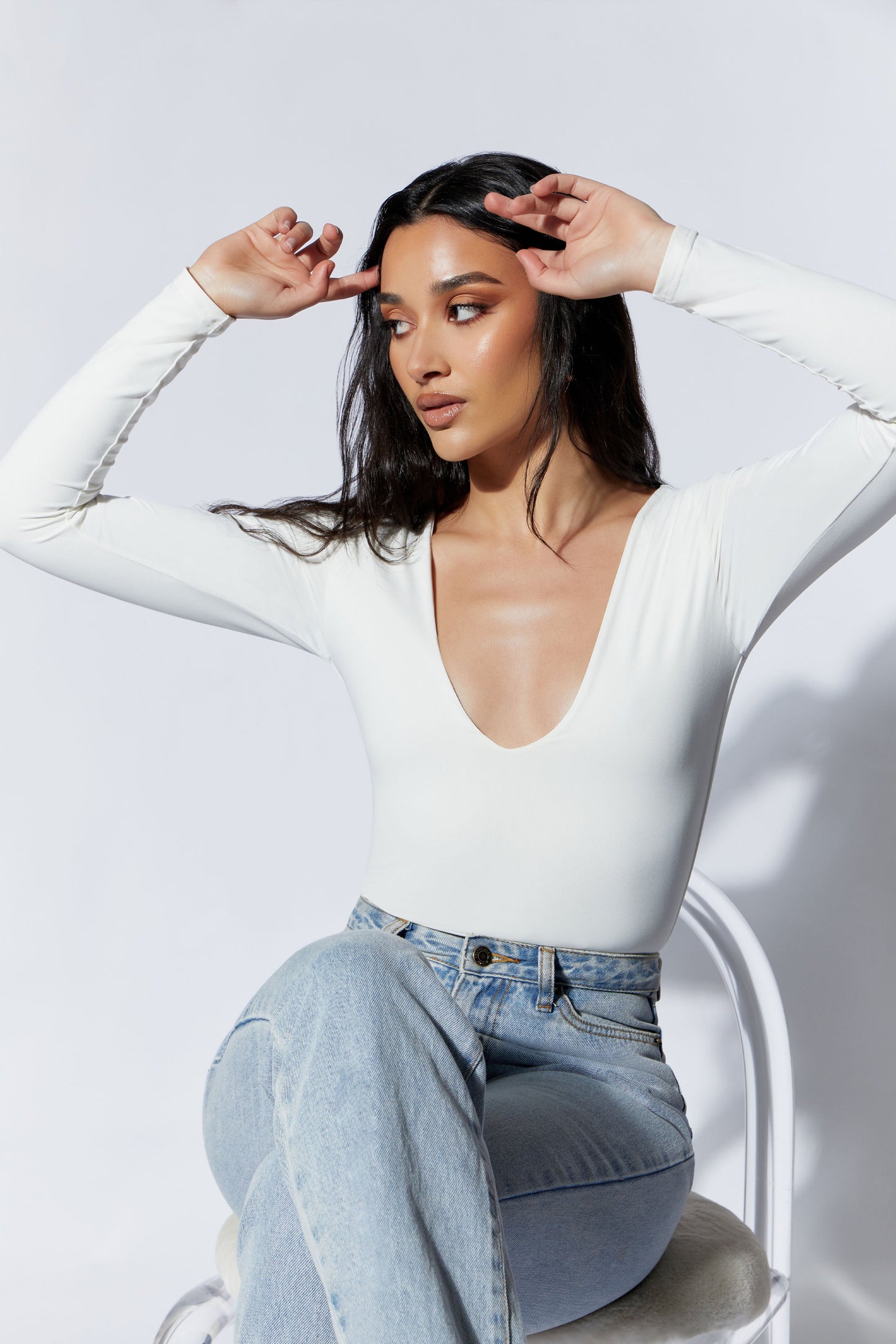Nia Long Sleeve V Neck Bodysuit - White