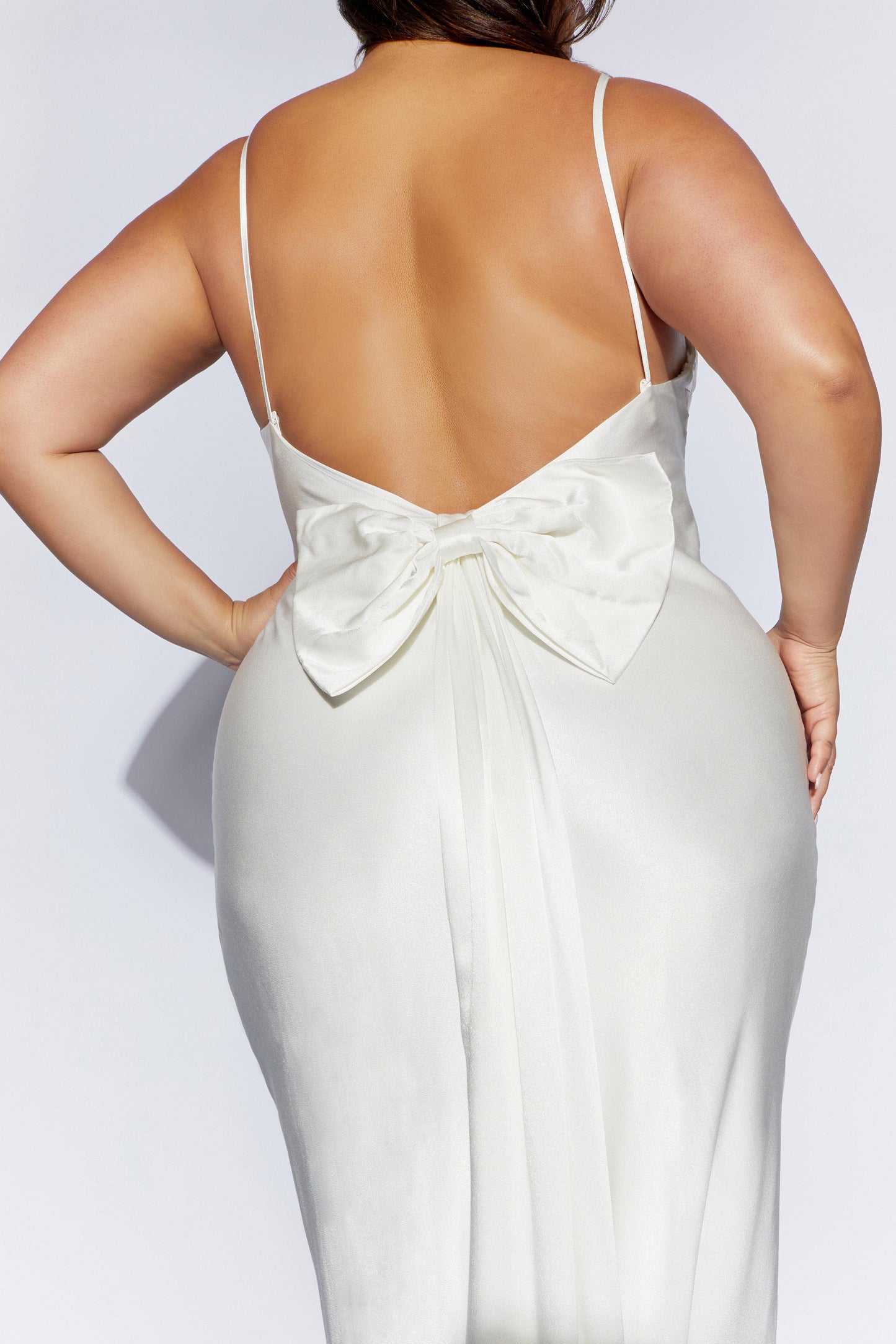 Kailey Low Back Maxi Dress With Detachable Bow Train - White