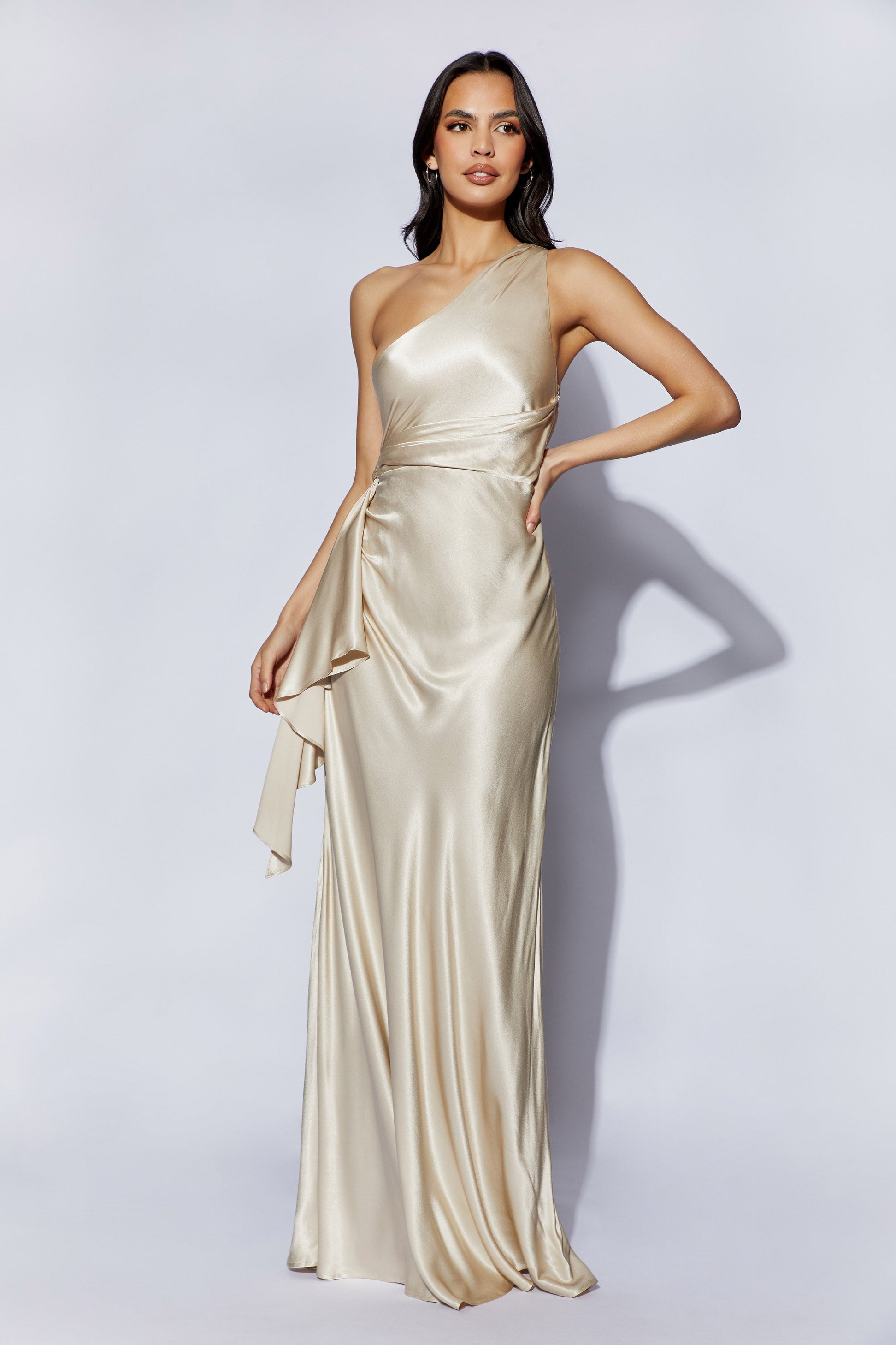 Calliope One Shoulder Maxi Dress - Champagne- MESHKI UK