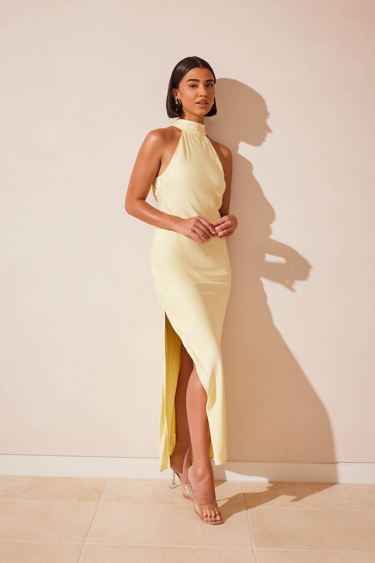 Claire Matte Satin Drape Back Maxi Dress - Light Yellow