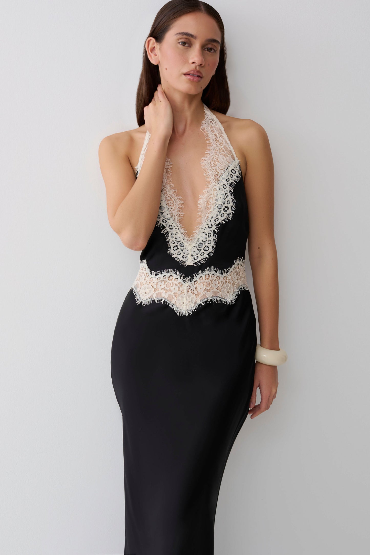 Louise Satin And Lace Maxi Dress - Black/Ivory