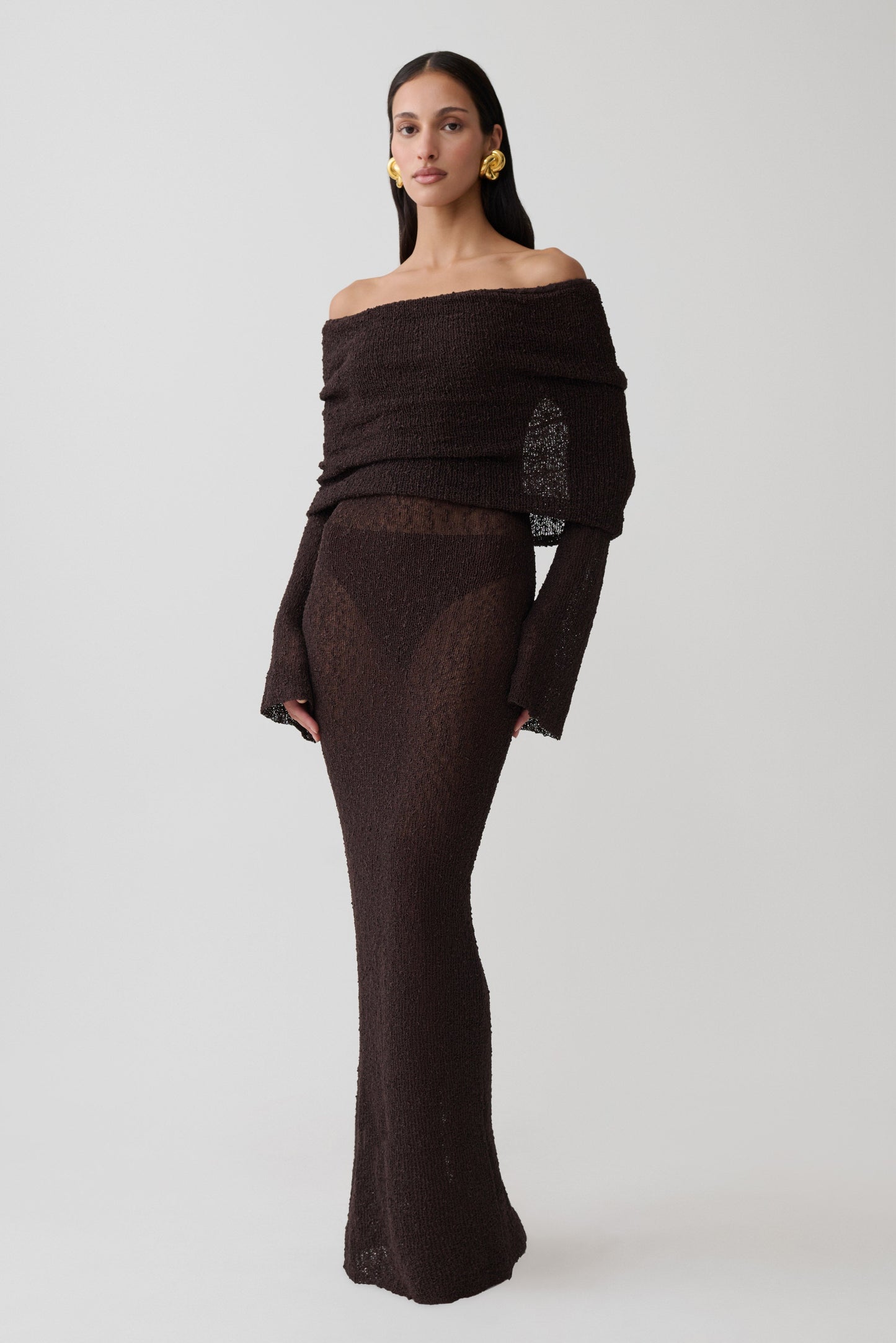 Marisol Off Shoulder Boucle Maxi Dress - Dark Chocolate