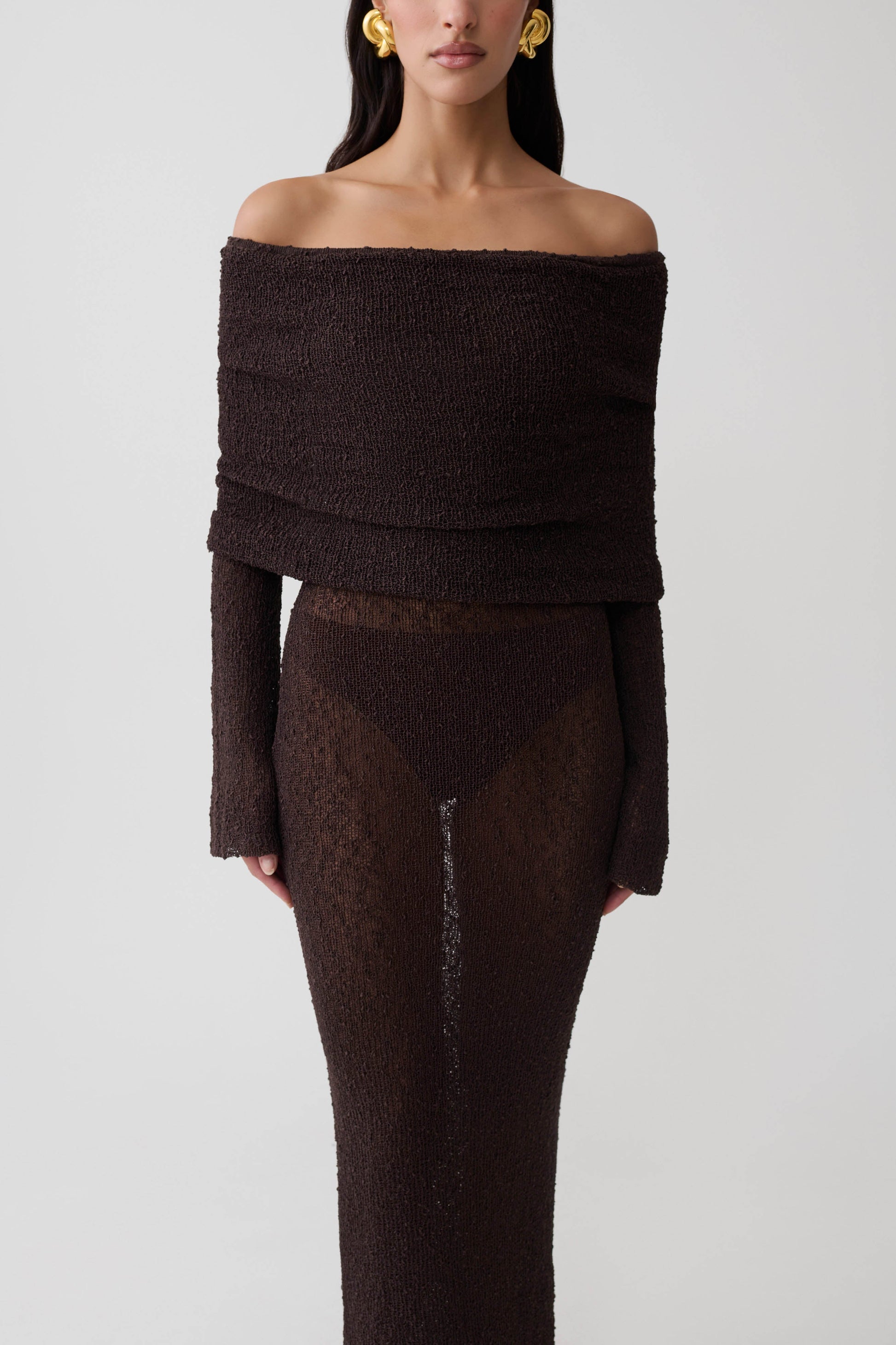 Marisol Off Shoulder Boucle Maxi Dress - Dark Chocolate #5