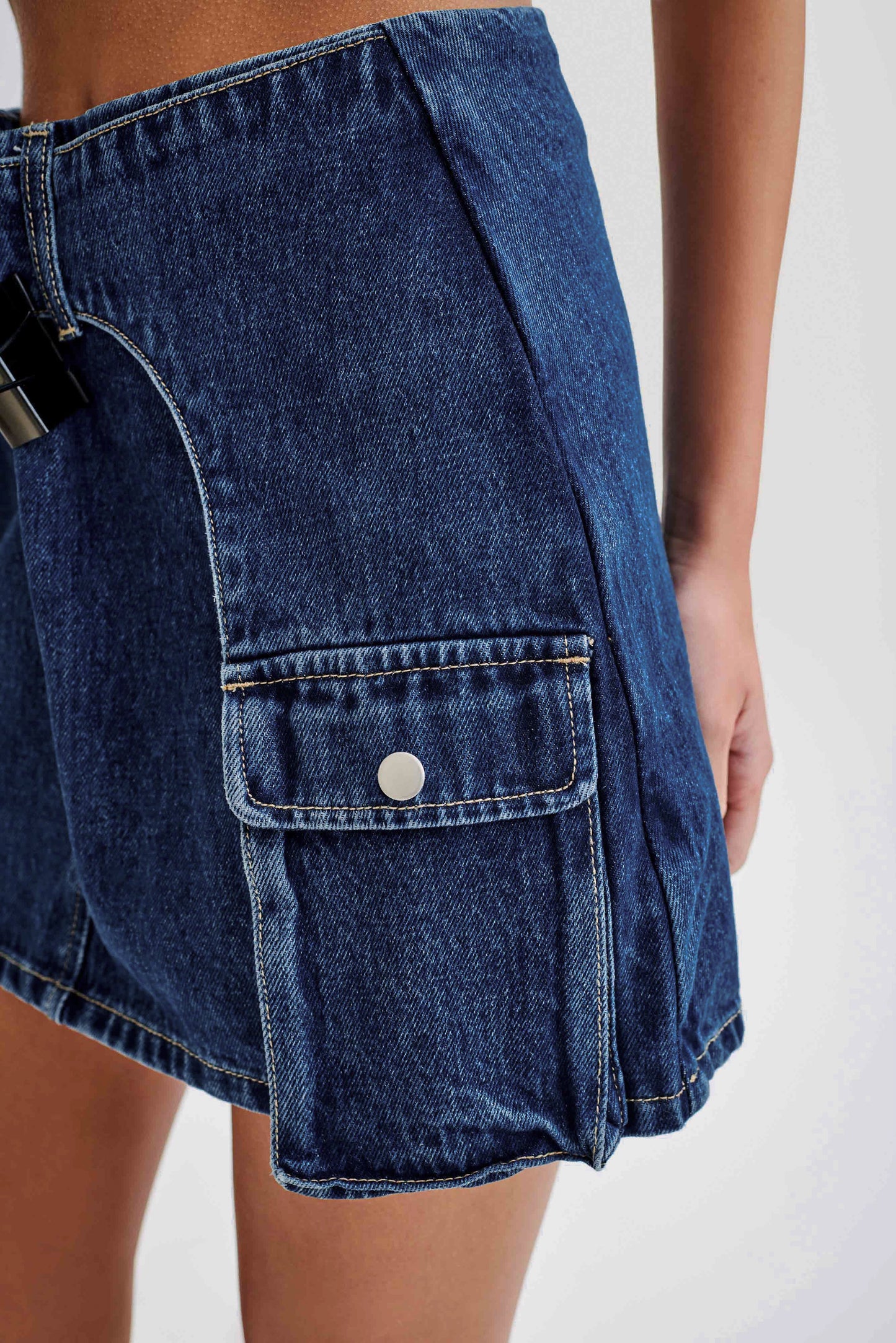 Rowena Denim Buckle Mini Skirt - Dark Blue