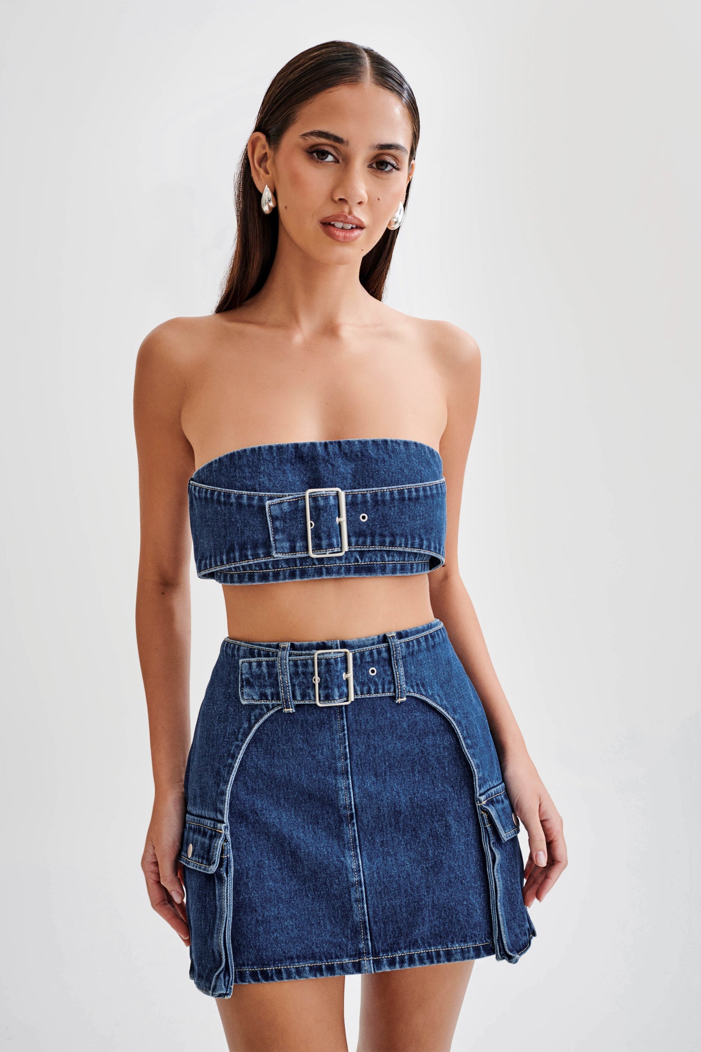 Rowena Denim Buckle Bandeau - Dark Blue