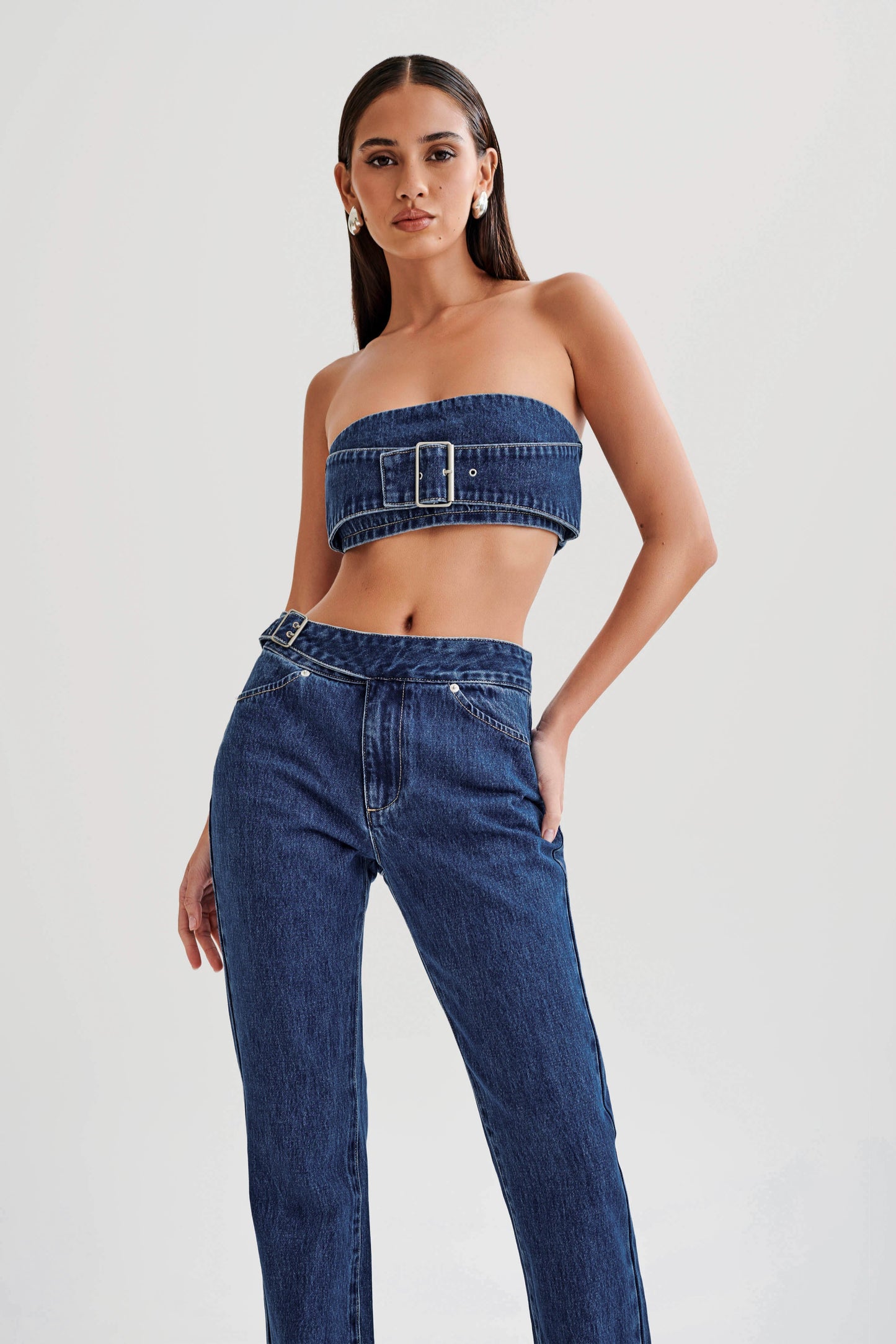 Rowena Denim Buckle Bandeau - Dark Blue