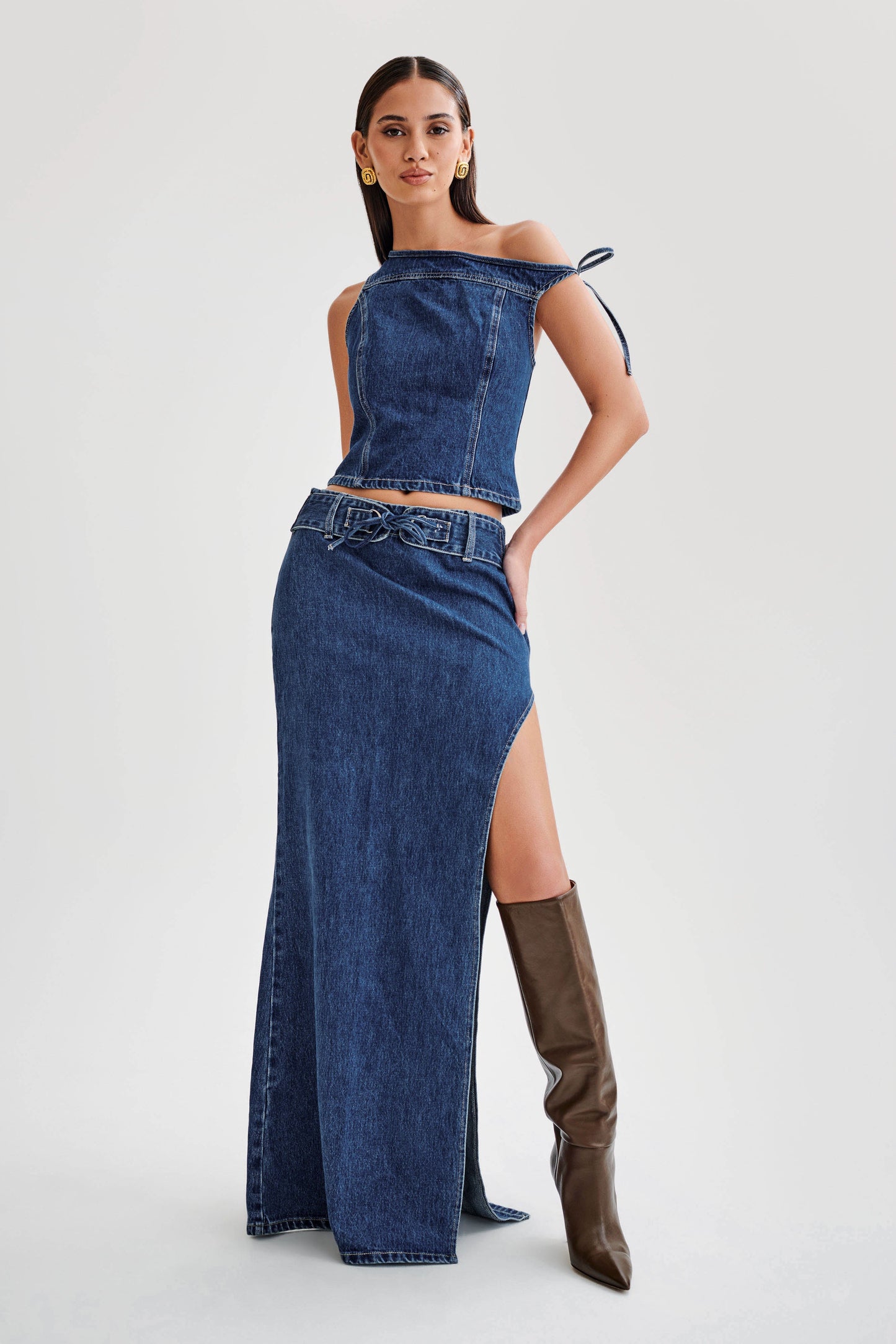 Ramsey Denim Maxi Skirt With Split - Dark Blue