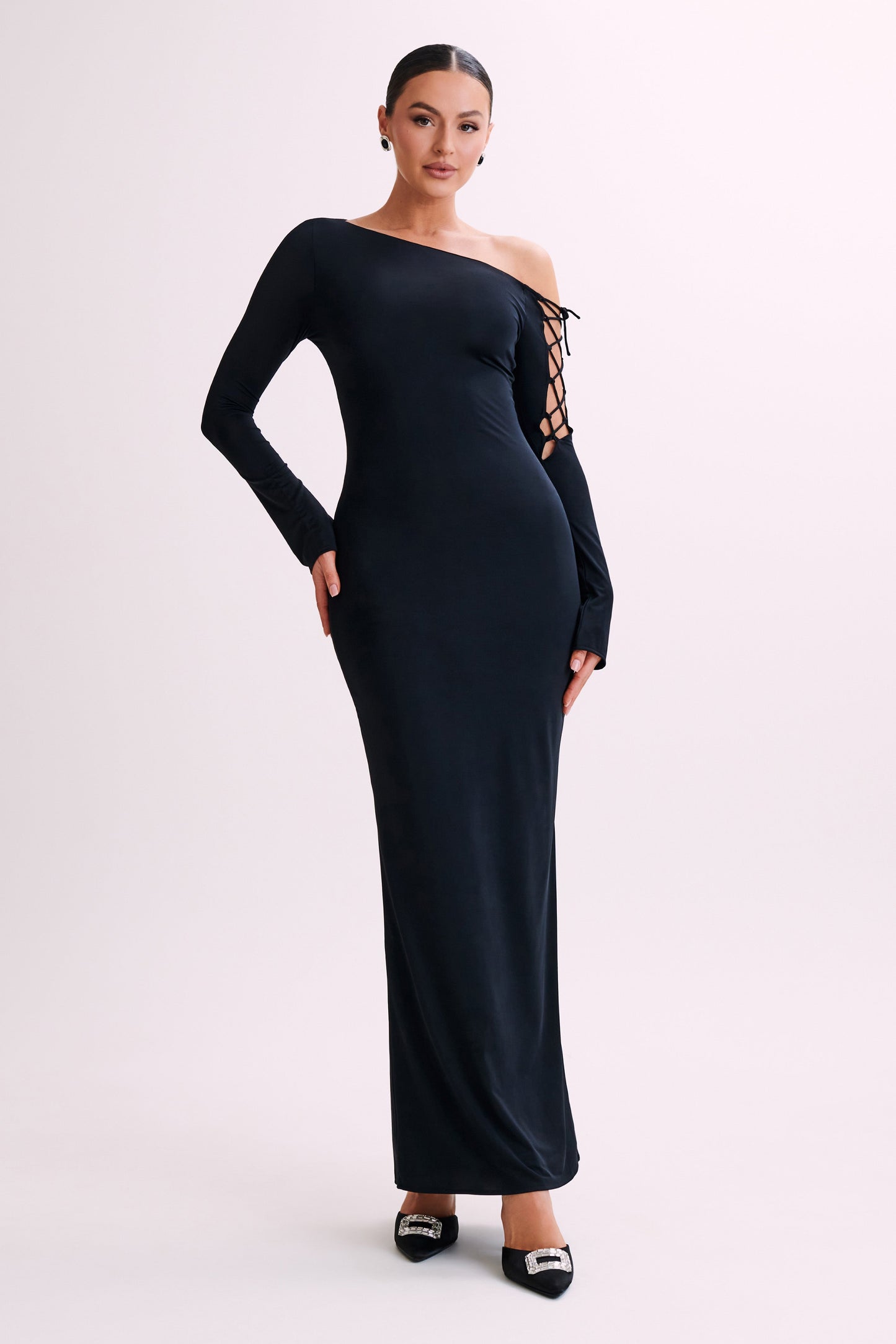 Gabby Tie Sleeve Slinky Maxi Dress - Black