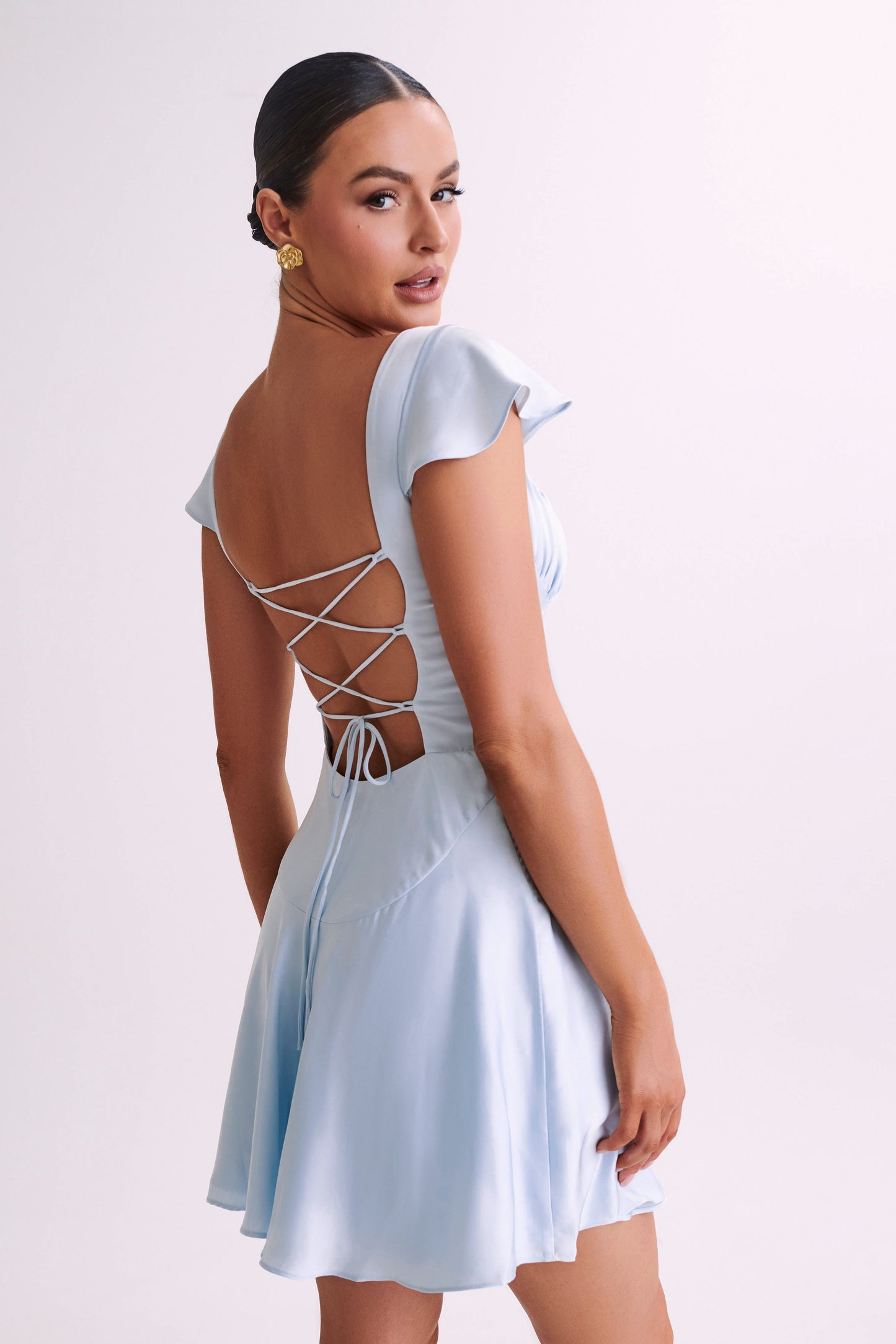 Carson Ruched Satin Mini Dress - Powder Blue