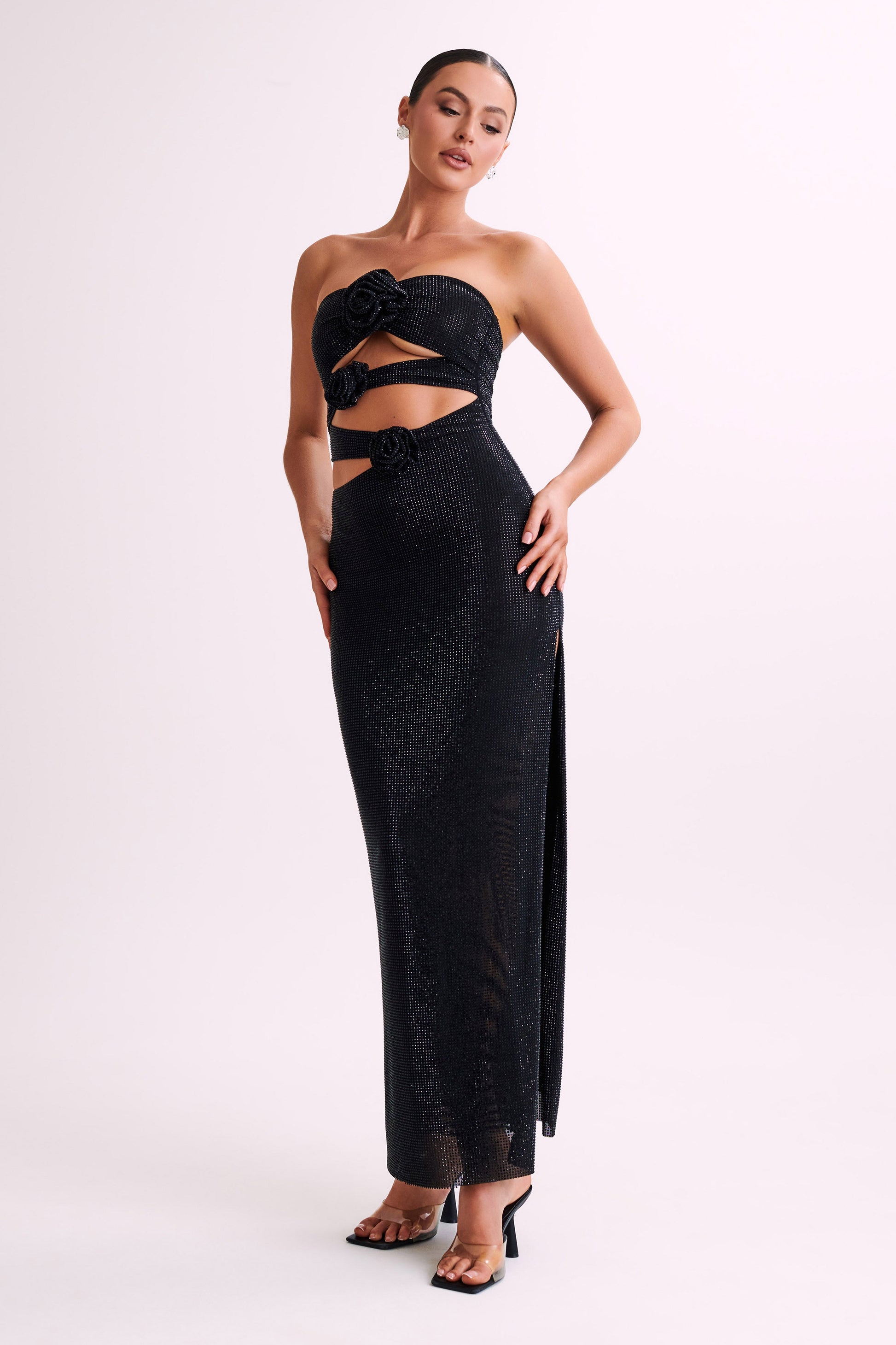 Stassie Strapless Rose Diamante Maxi Dress - Black #7