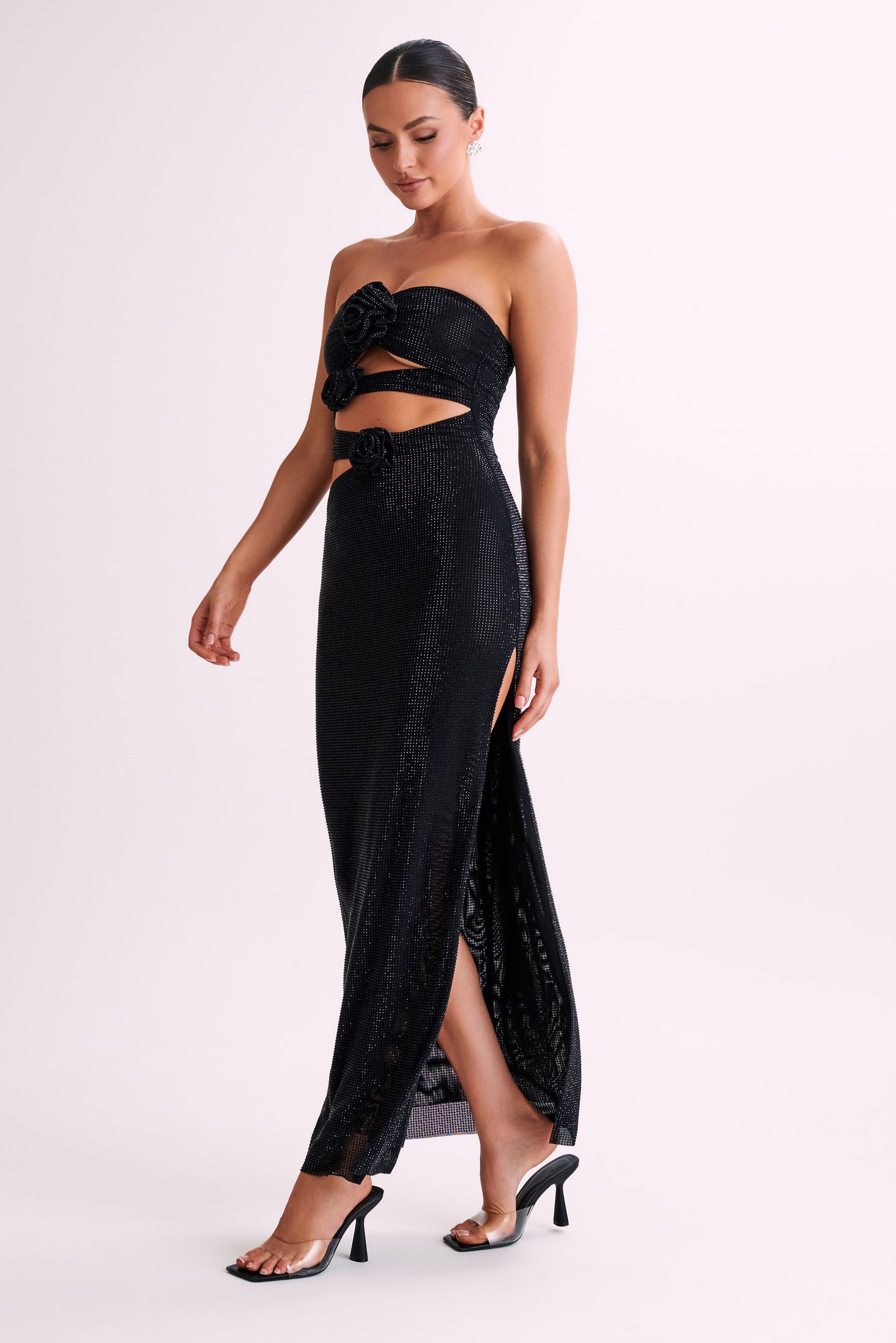 Stassie Strapless Rose Diamante Maxi Dress - Black