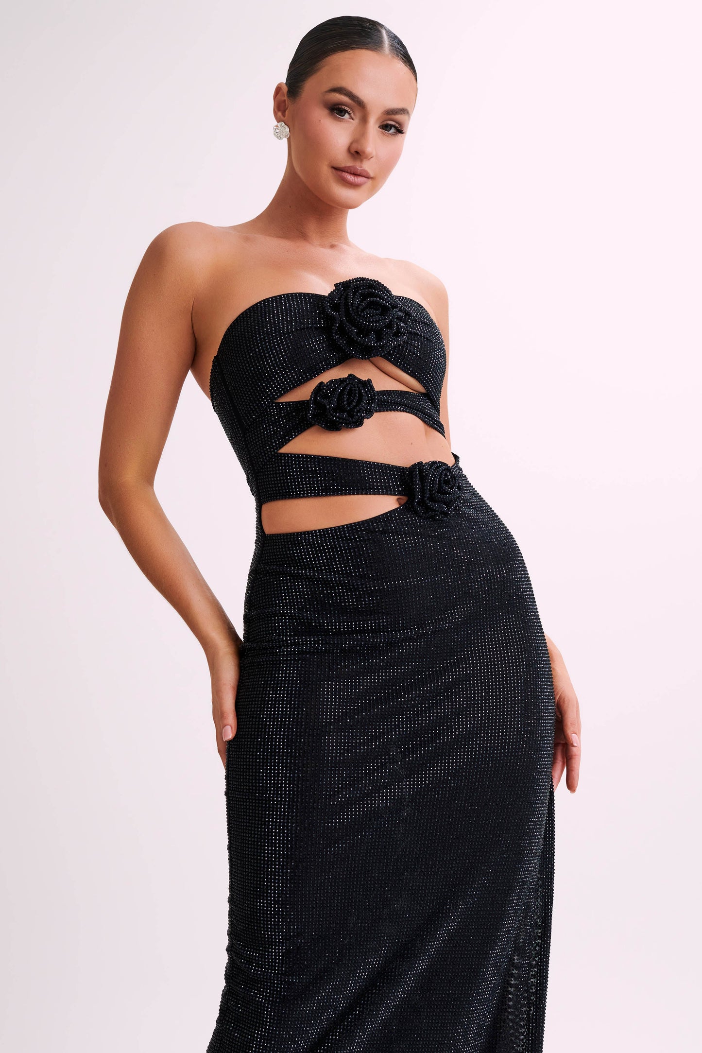 Stassie Strapless Rose Diamante Maxi Dress - Black