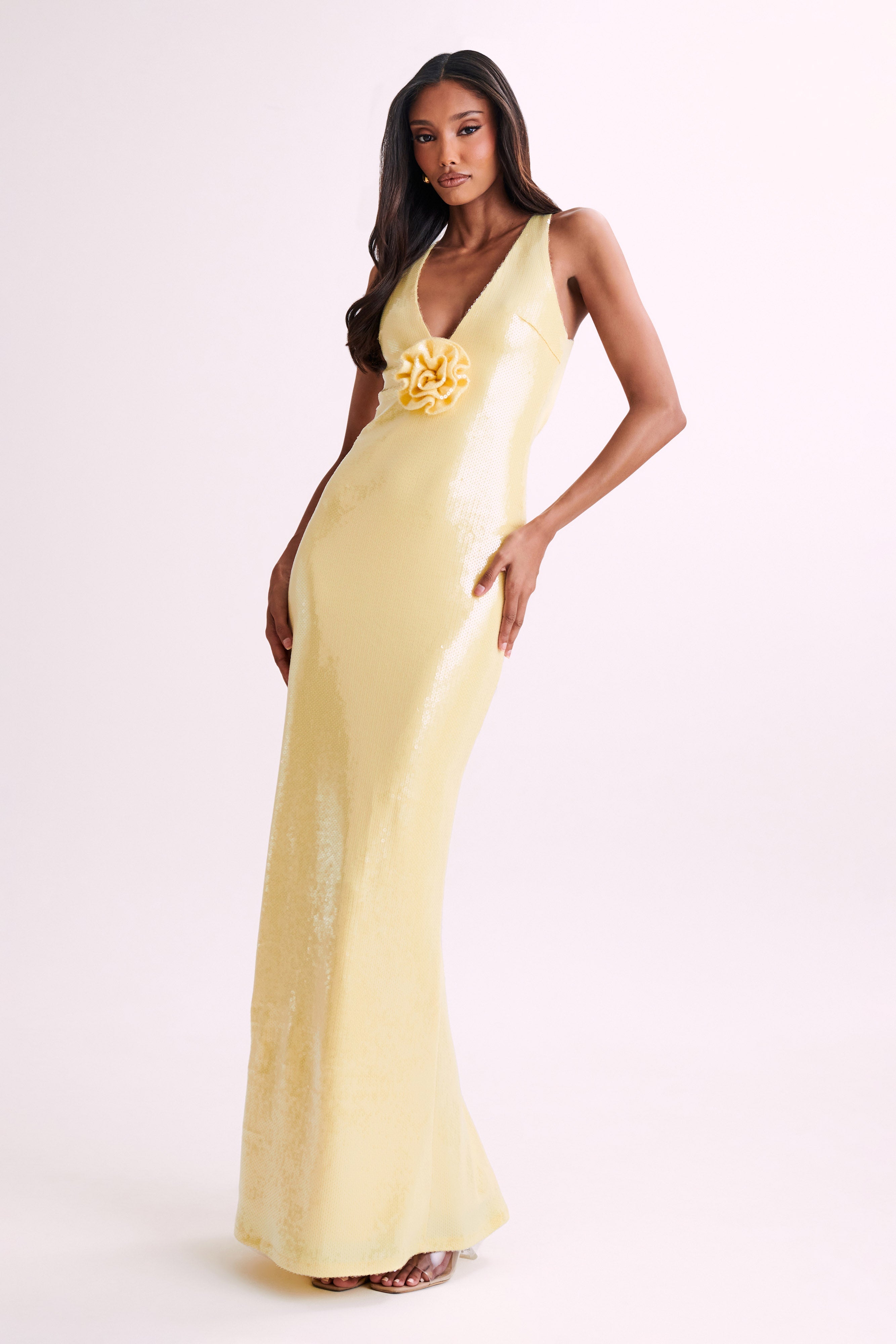 Eliza Rose Sequin Maxi Dress Lemon MESHKI UK