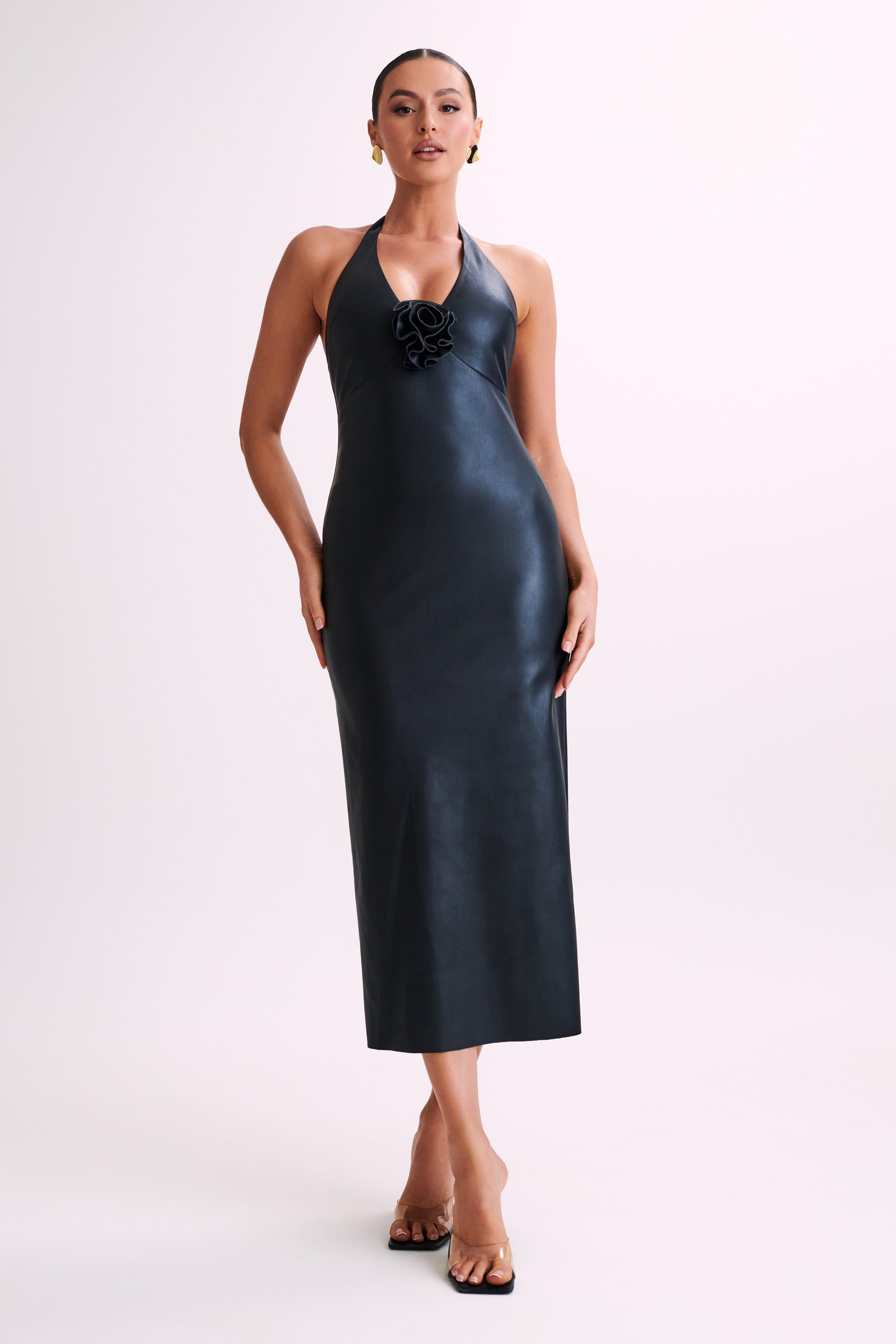 Dori Faux Leather Rose Midi Dress - Black #5