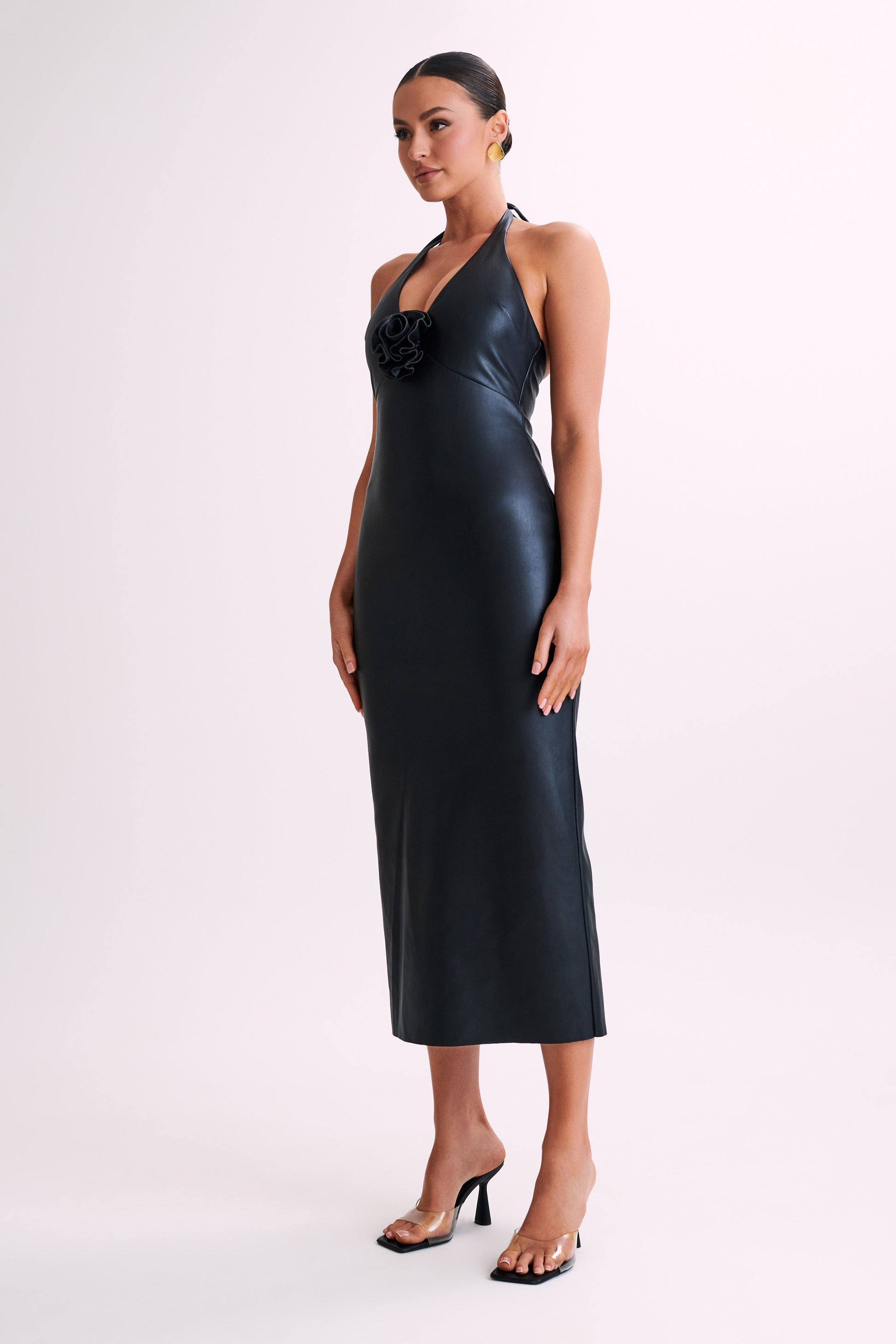 Dori Faux Leather Rose Midi Dress - Black #7