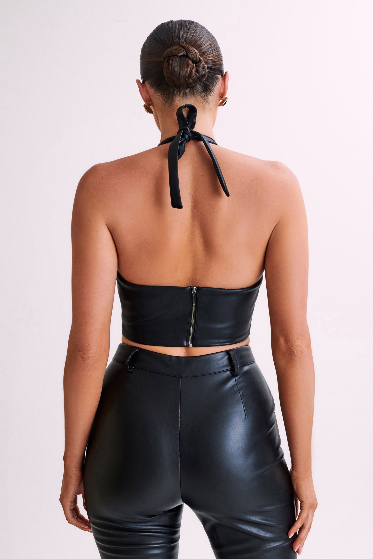 Ursla Faux Leather Rose Halter Top - Black