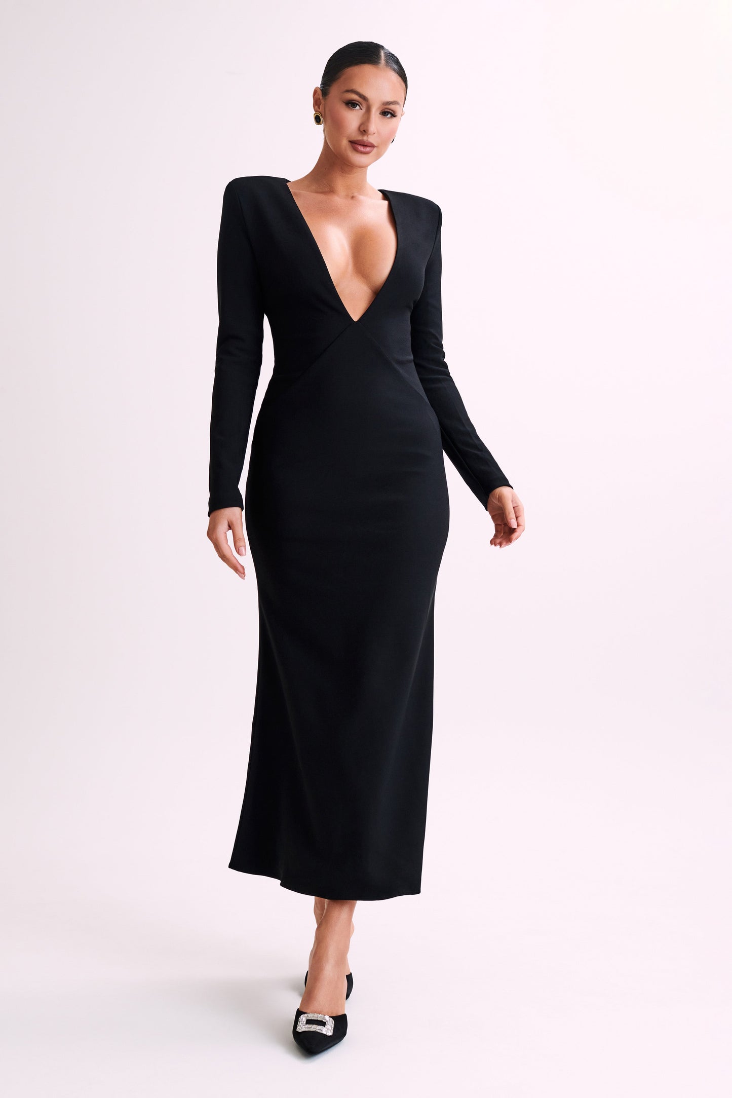 Michaela Long Sleeve Maxi Dress With Shoulder Pads - Black