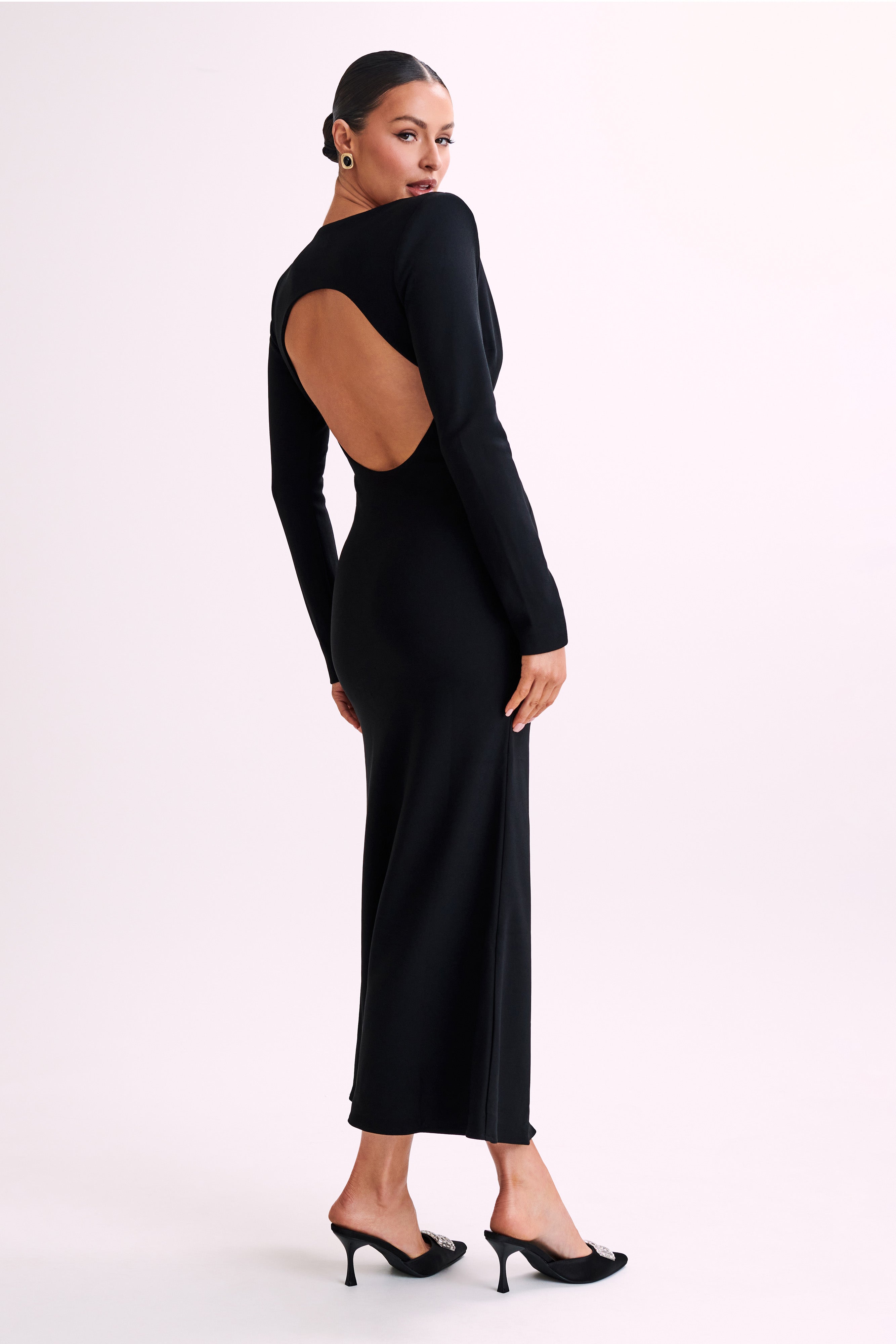 Michaela Long Sleeve Maxi Dress With Shoulder Pads Black MESHKI UK