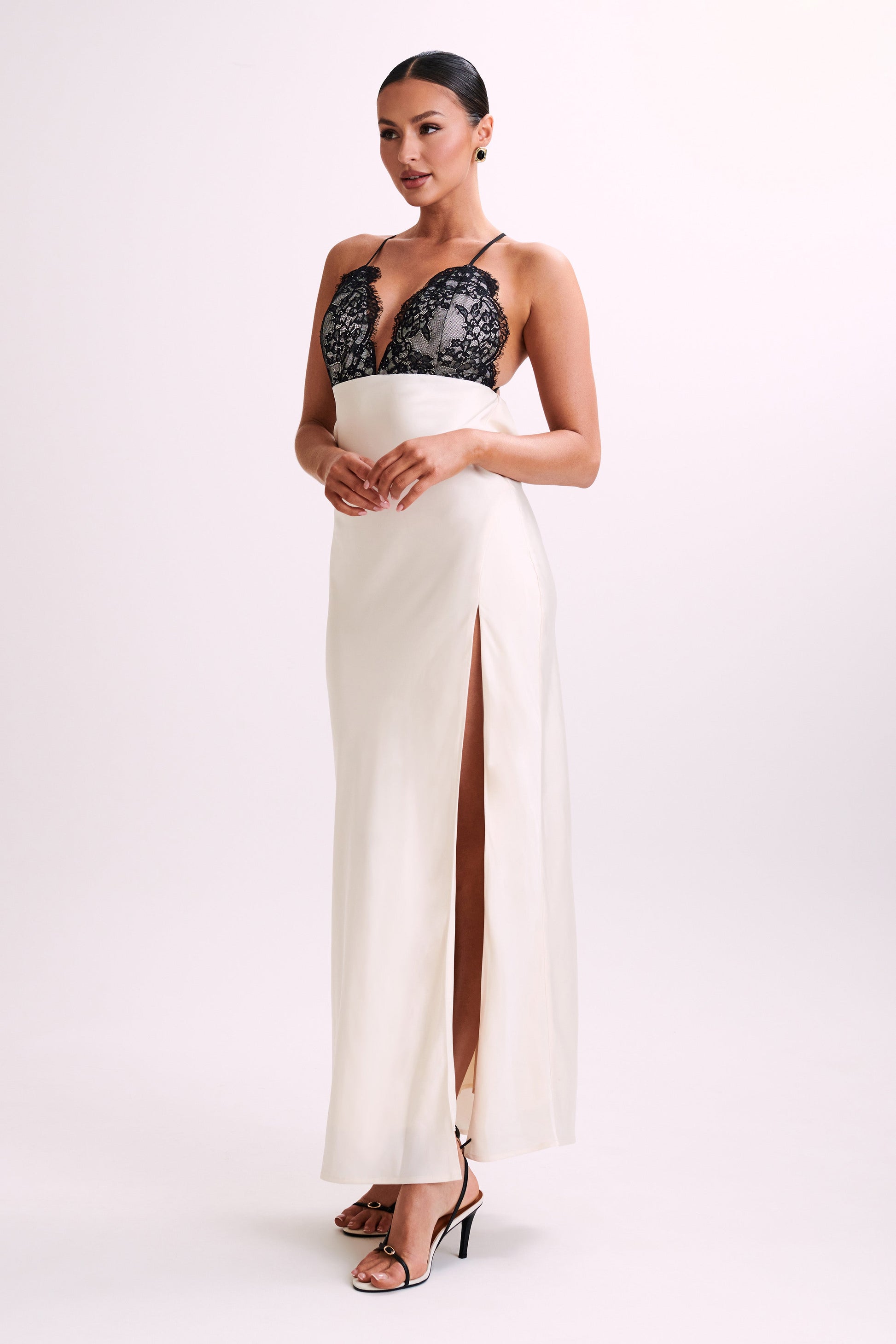 Gina Satin Slip Maxi Dress With Lace - Ivory #8