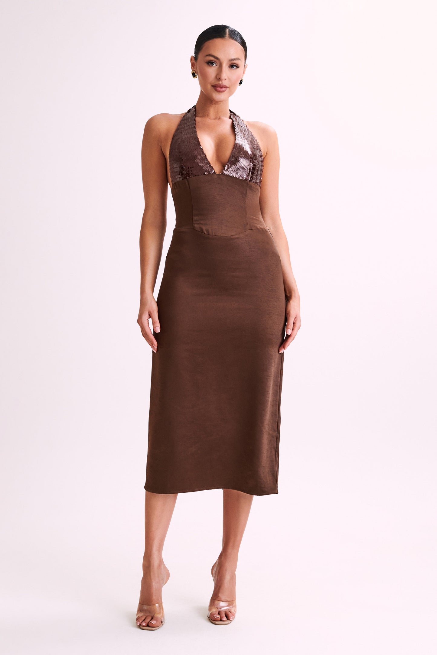 Ebony Satin Midi Dress With Sequins - Chocolate