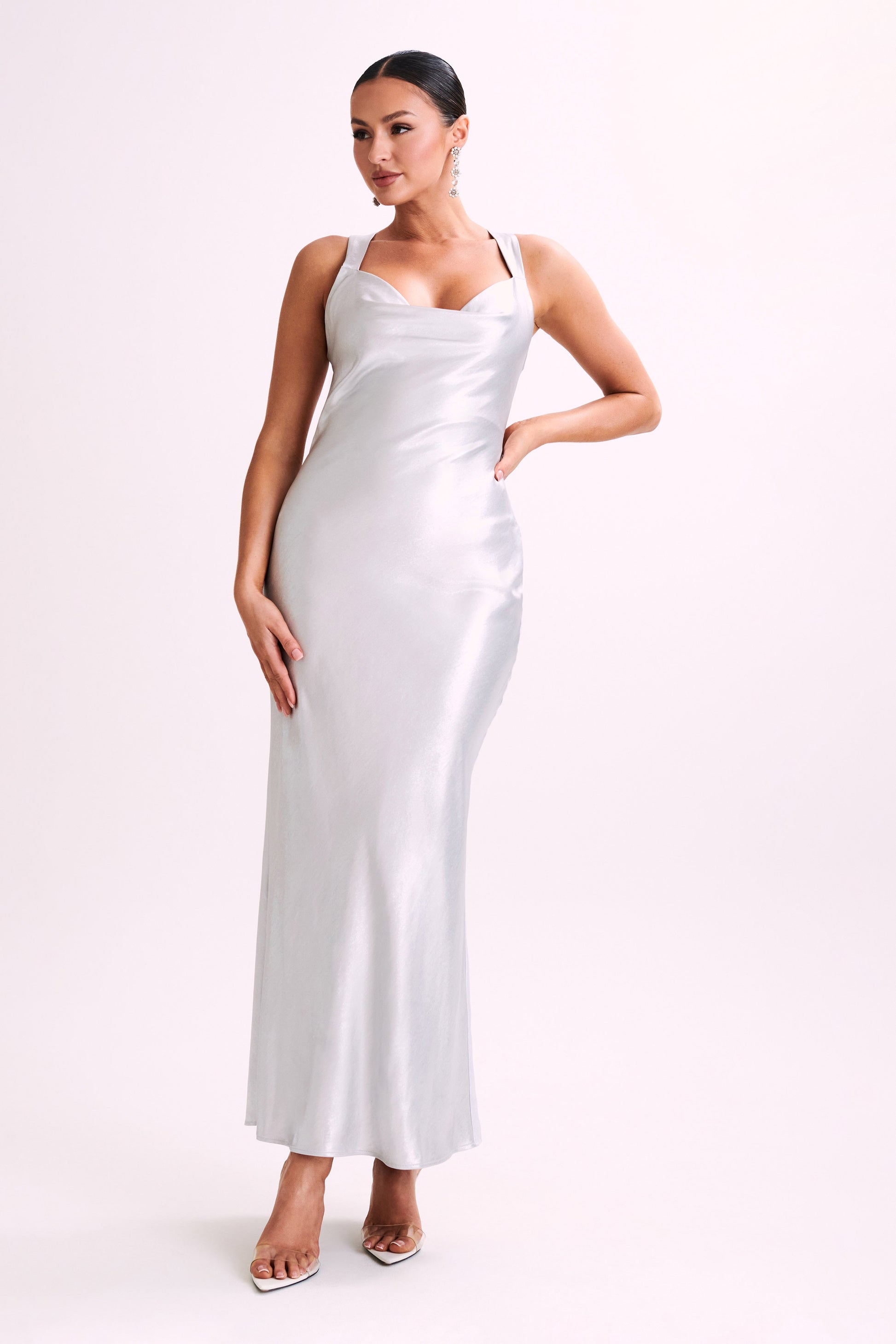 Caellie Satin Cowl Maxi Dress - Silver #9