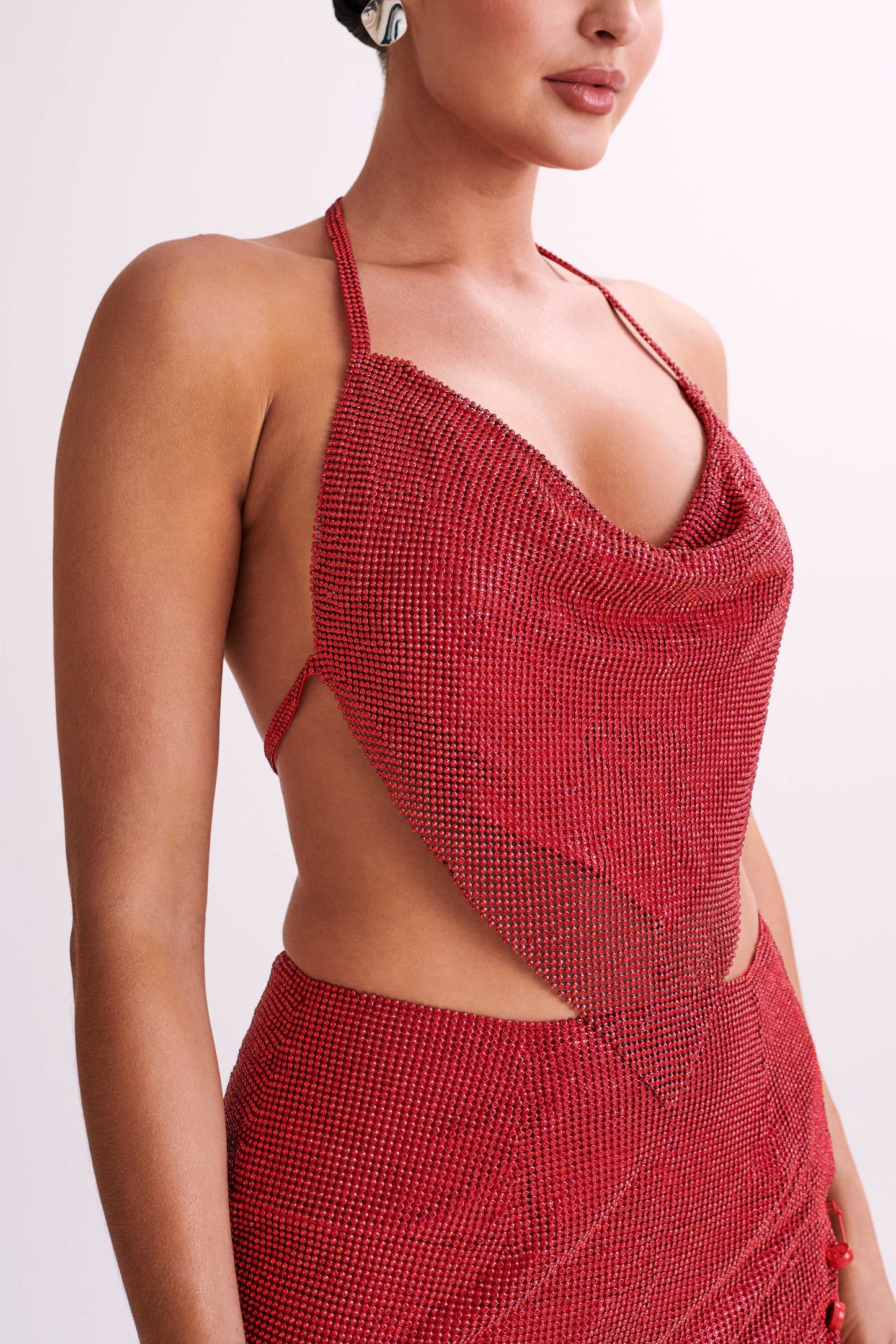 Daphne Diamante Cowl Neck Halter Top - Red