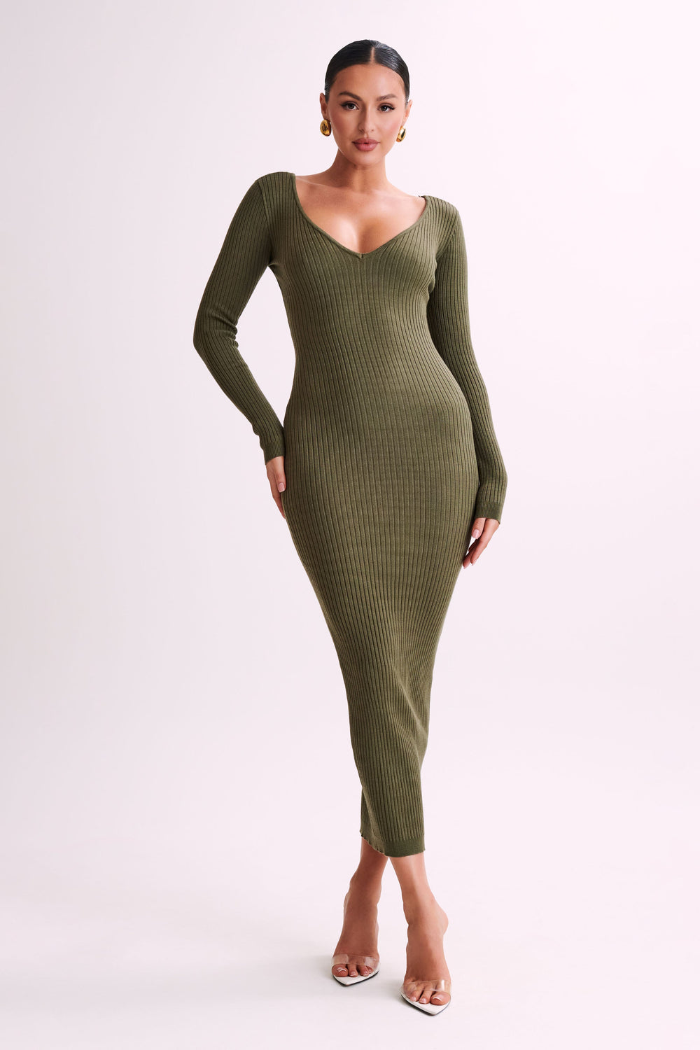 Nina Long Sleeve Knit Midi Dress - Olive